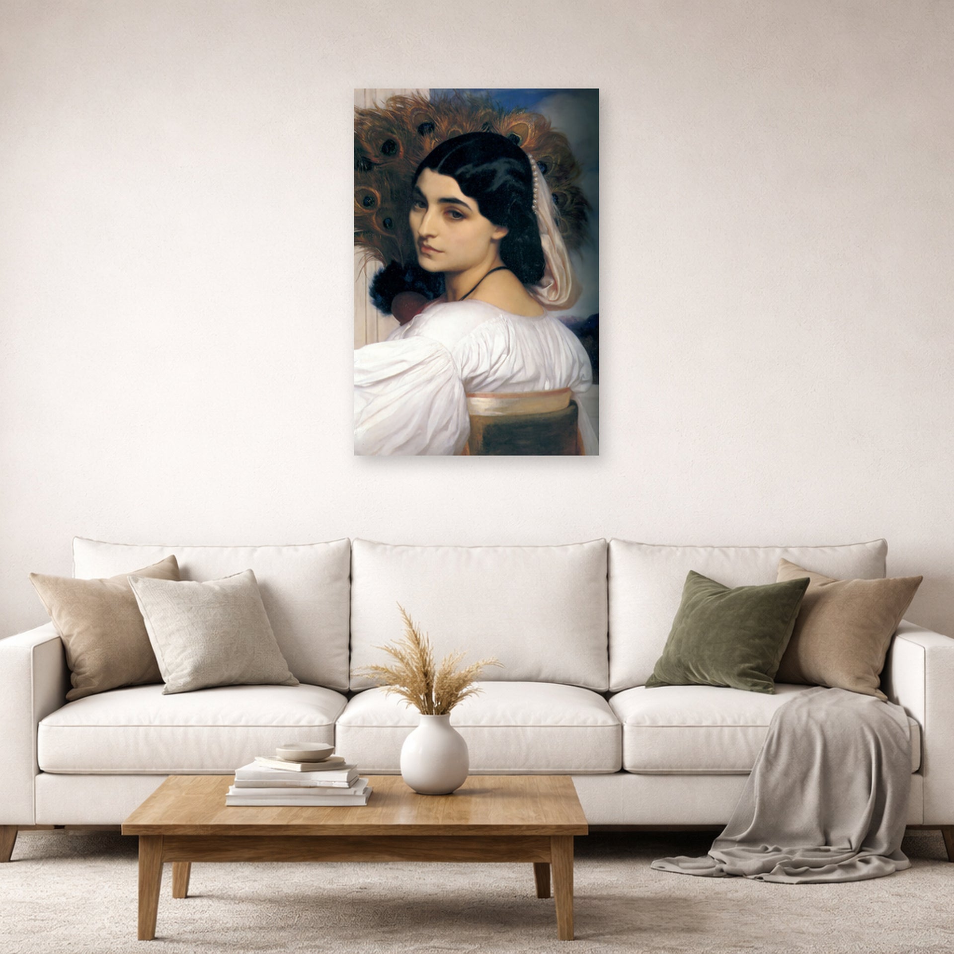Unframed poster print of Lord Frederick Leighton's Pavonia displayed on a wall in a living room
