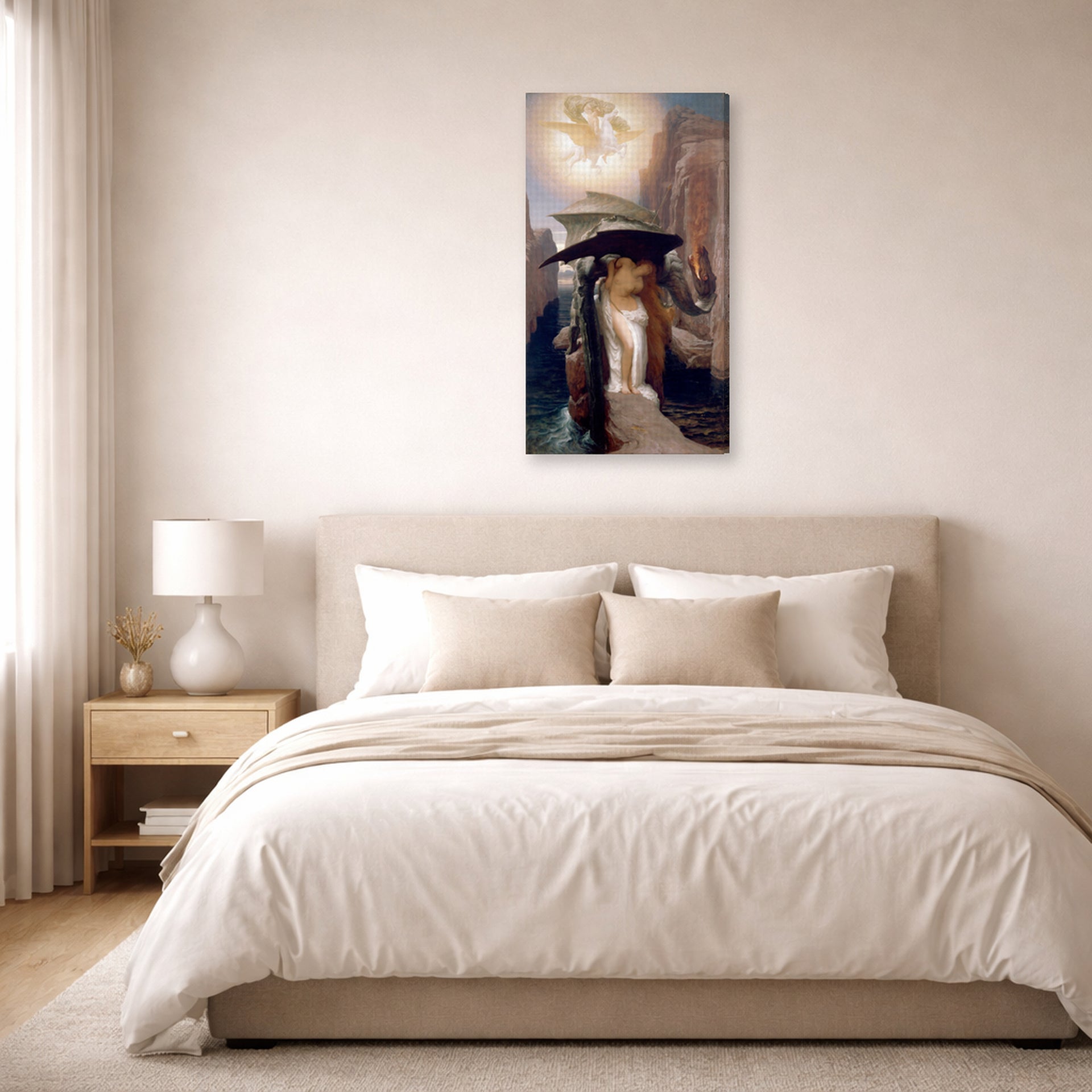 Gallery-wrapped canvas print of Lord Frederick Leighton's Perseus and Andromeda displayed on a wall in a bedroom