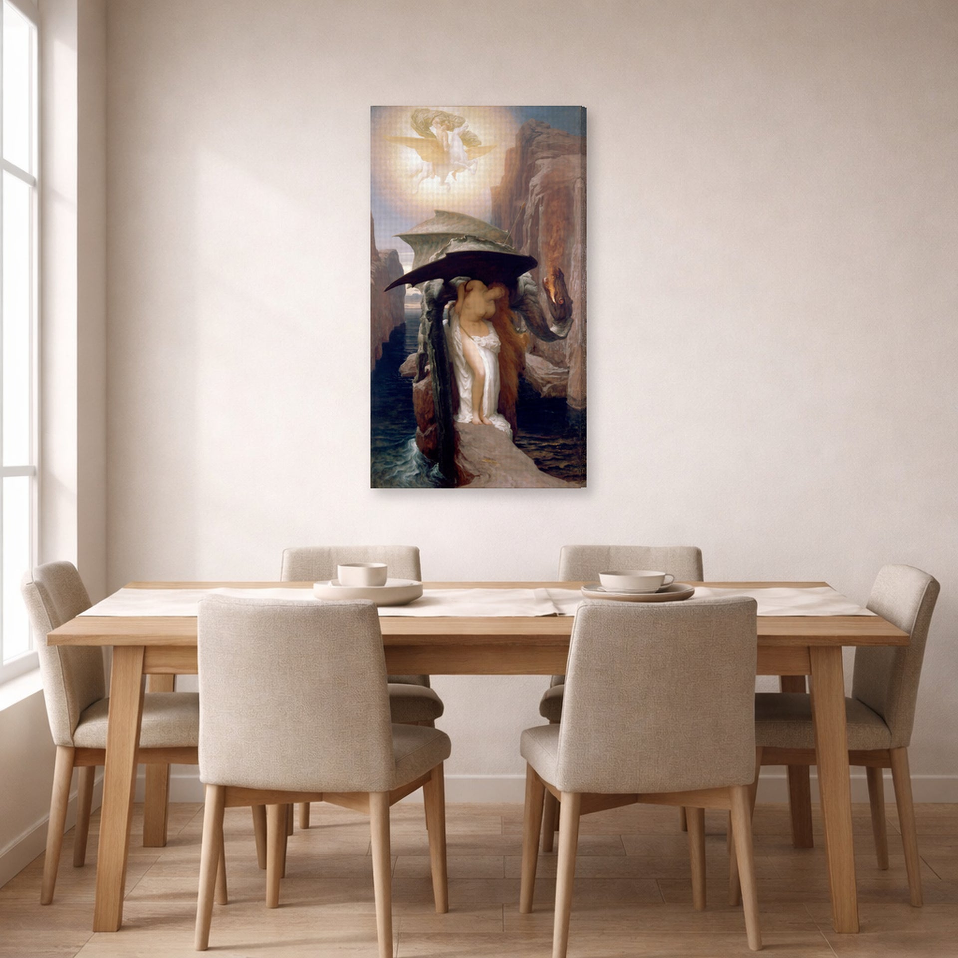 Gallery-wrapped canvas print of Lord Frederick Leighton's Perseus and Andromeda displayed on a wall in a dining