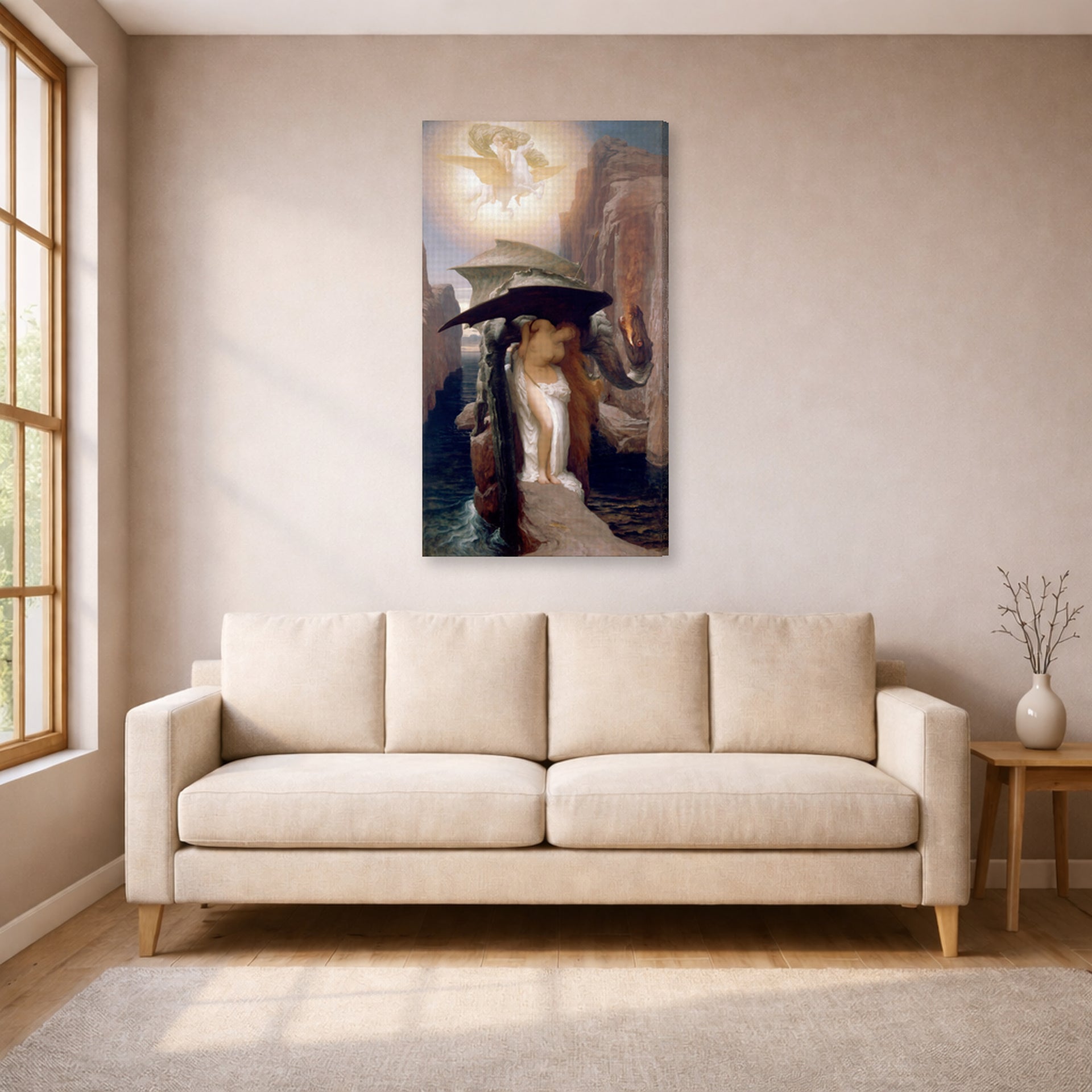 Gallery-wrapped canvas print of Lord Frederick Leighton's Perseus and Andromeda displayed on a wall in a living room