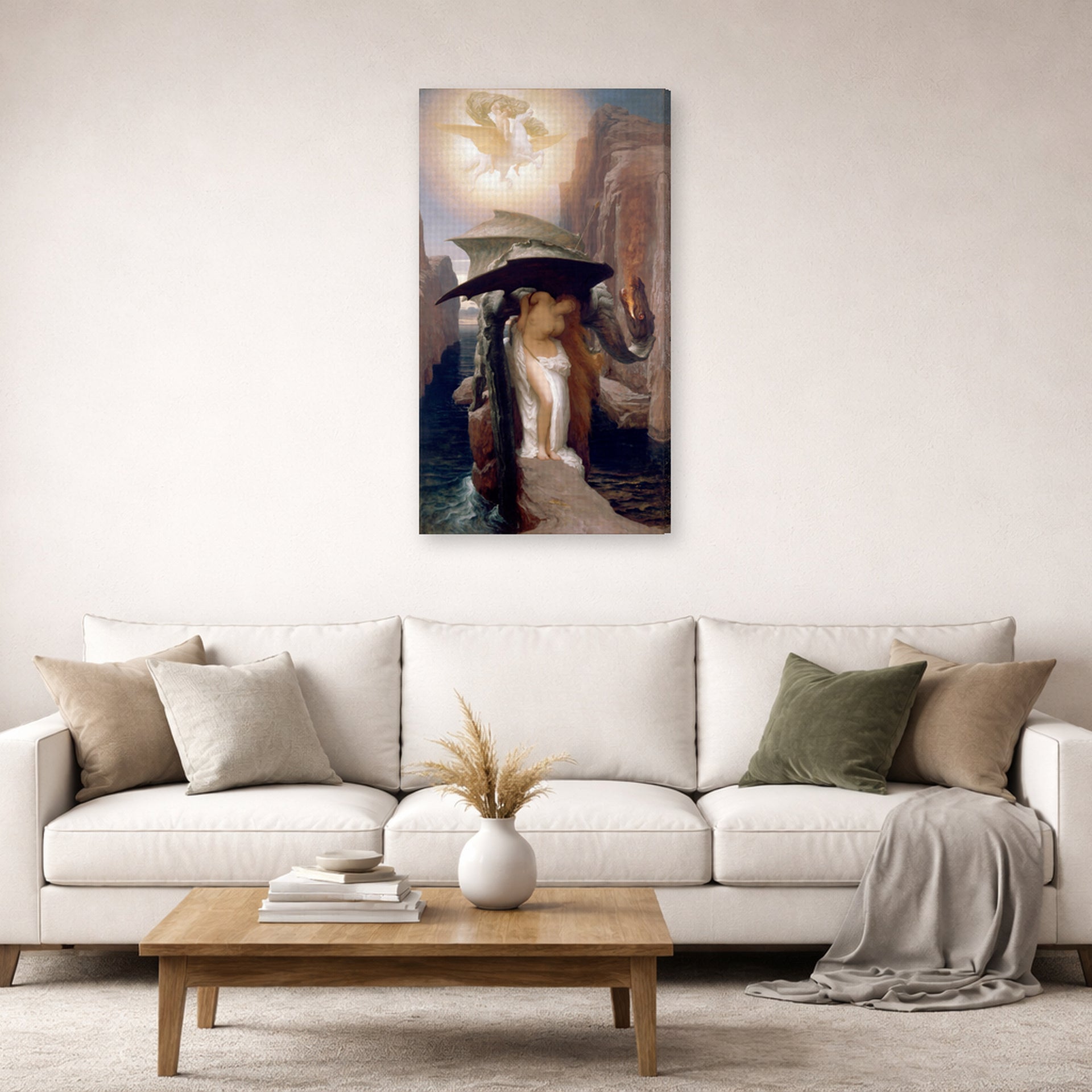 Gallery-wrapped canvas print of Lord Frederick Leighton's Perseus and Andromeda displayed on a wall in a living room