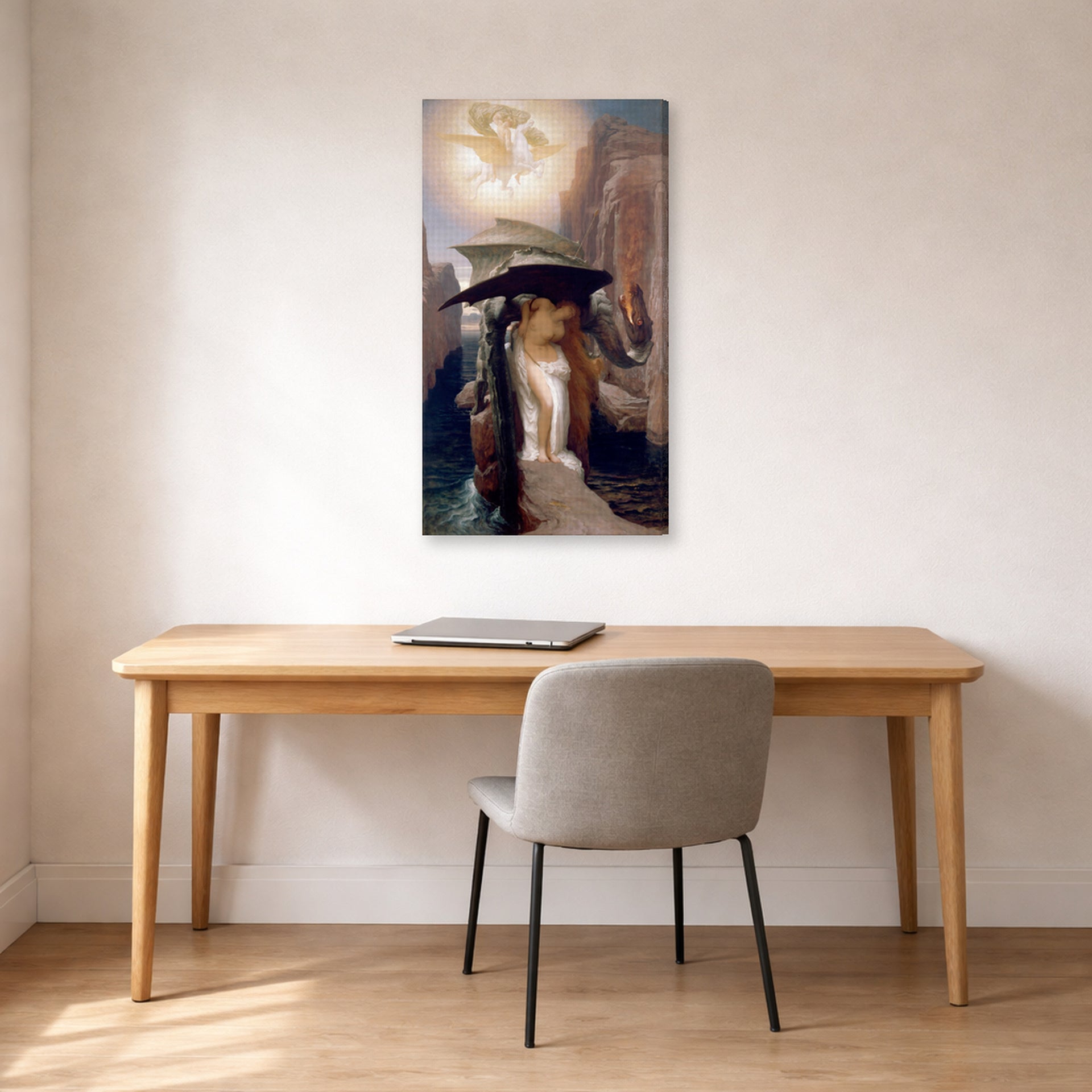 Gallery-wrapped canvas print of Lord Frederick Leighton's Perseus and Andromeda displayed on a wall in a office