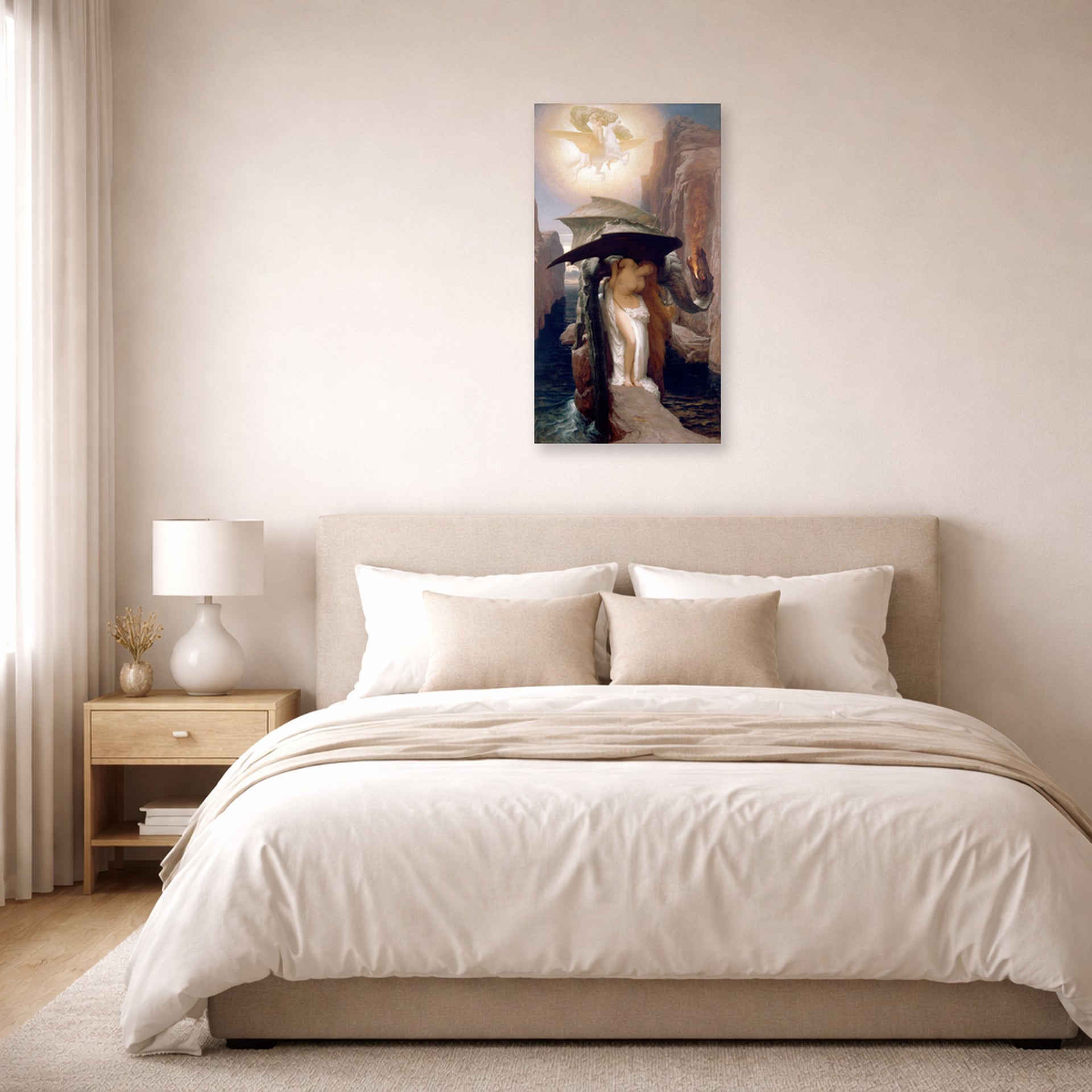 Unframed poster print of Lord Frederick Leighton's Perseus and Andromeda displayed on a wall in a bedroom