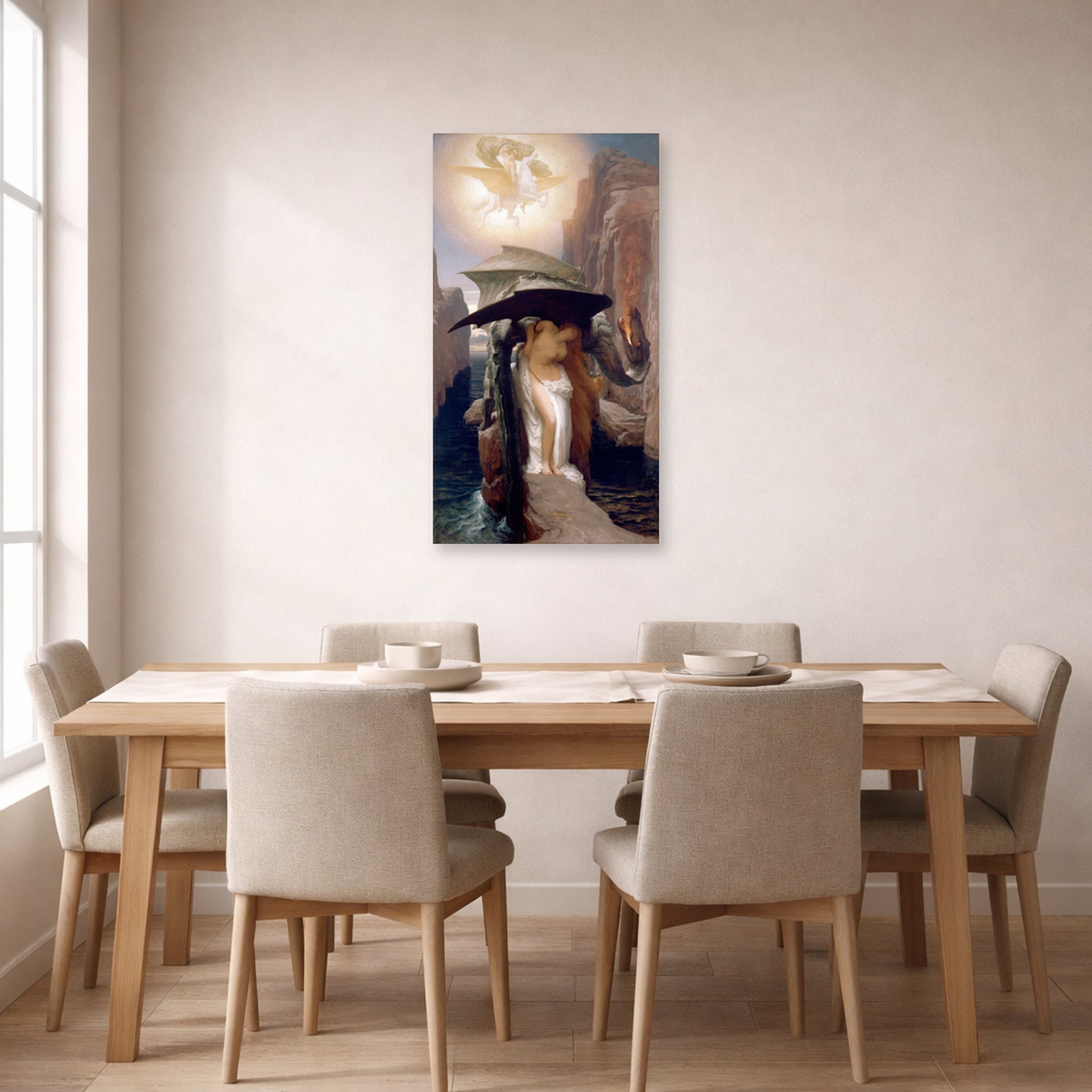 Unframed poster print of Lord Frederick Leighton's Perseus and Andromeda displayed on a wall in a dining