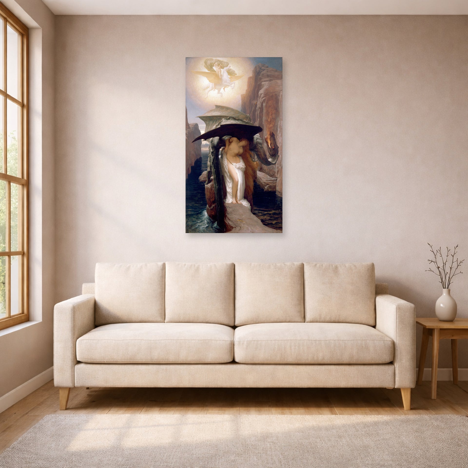 Unframed poster print of Lord Frederick Leighton's Perseus and Andromeda displayed on a wall in a living room