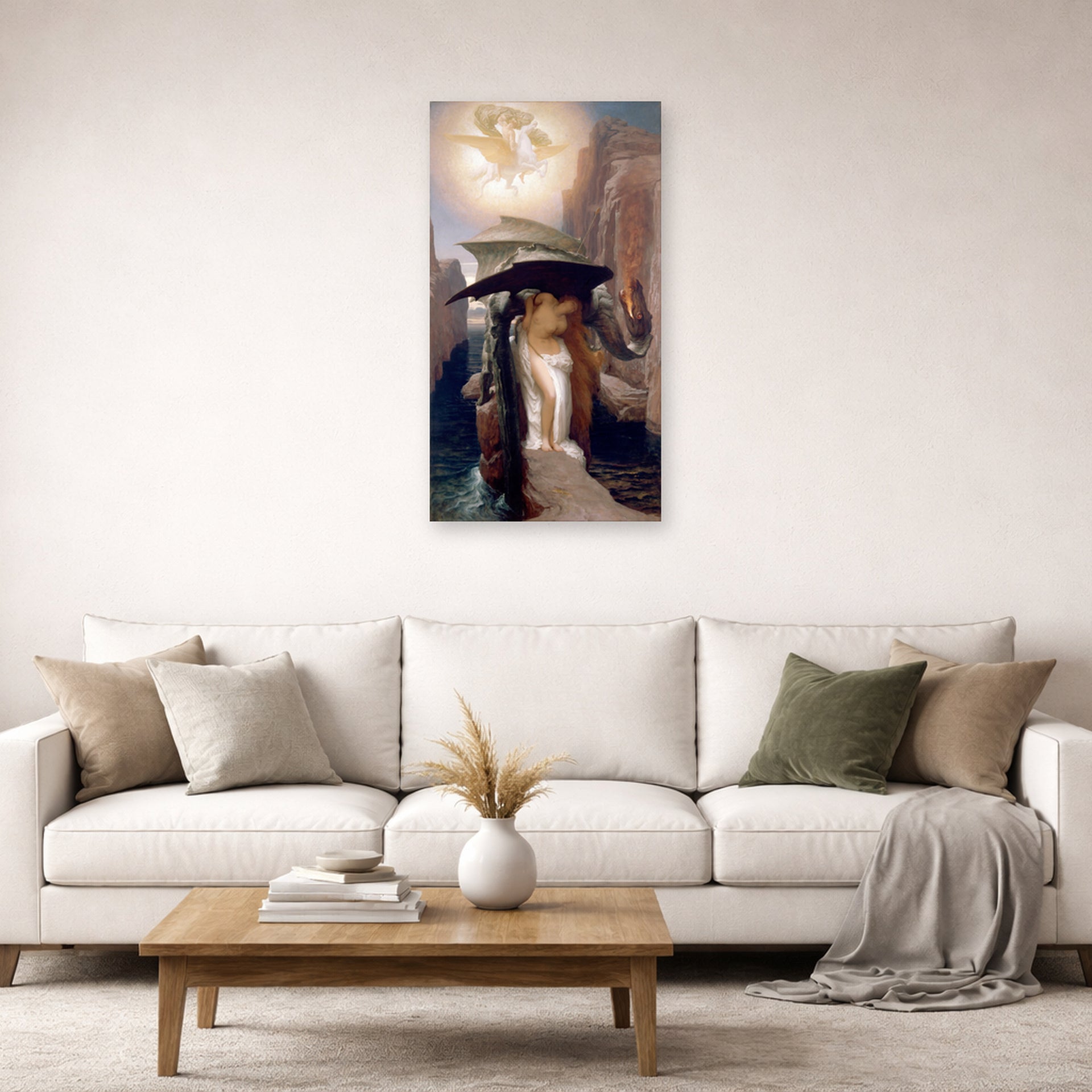Unframed poster print of Lord Frederick Leighton's Perseus and Andromeda displayed on a wall in a living room