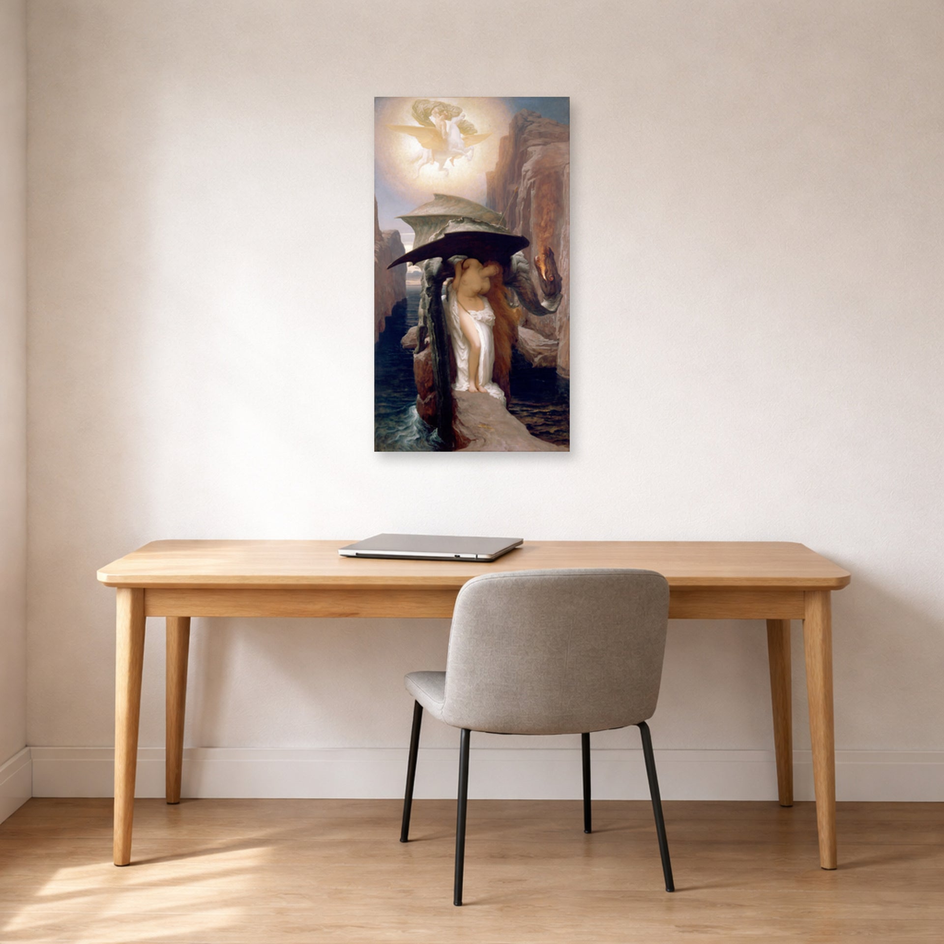 Unframed poster print of Lord Frederick Leighton's Perseus and Andromeda displayed on a wall in a office