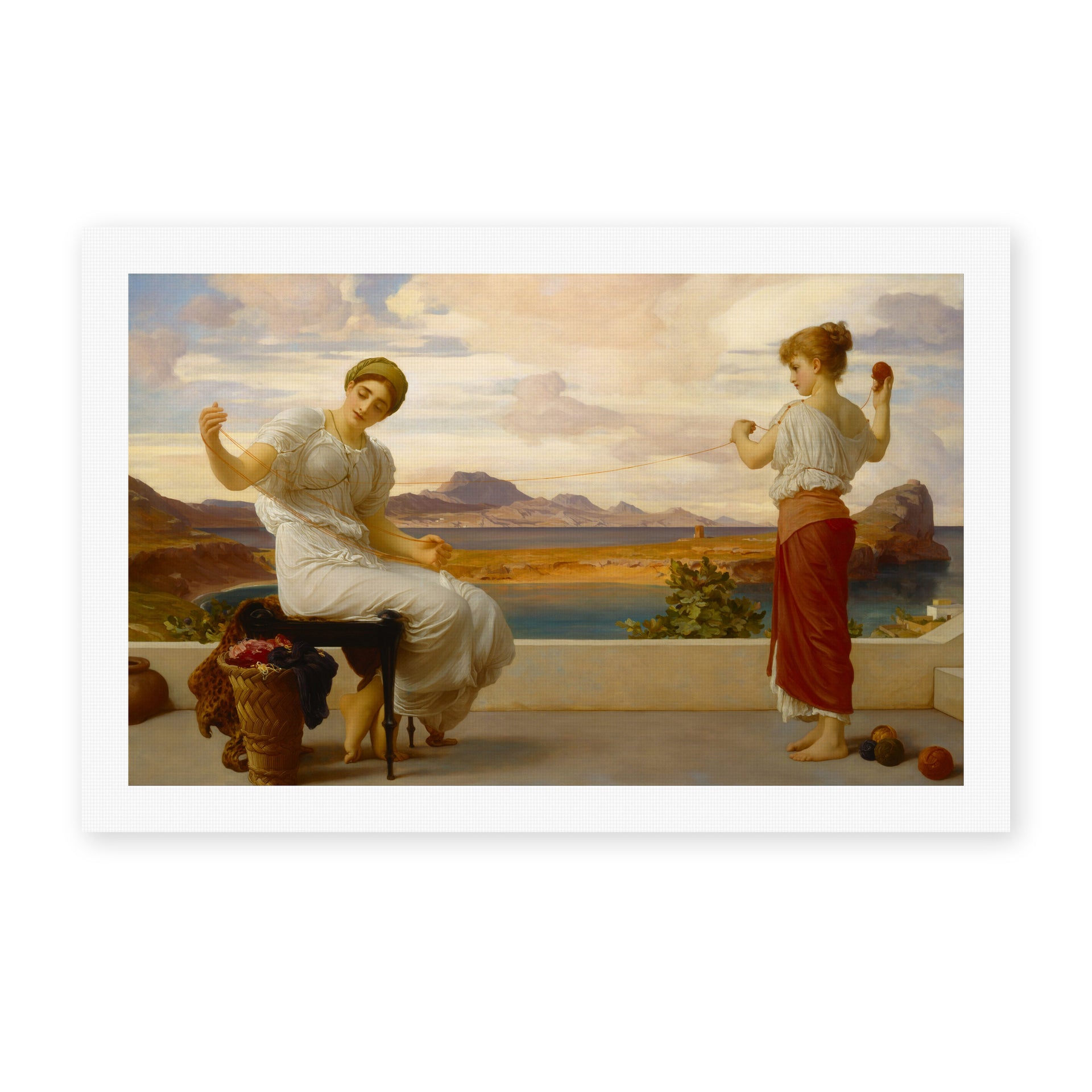 Lord Frederick Leighton's 'Winding the Skein' painting reproduced as a rolled canvas print