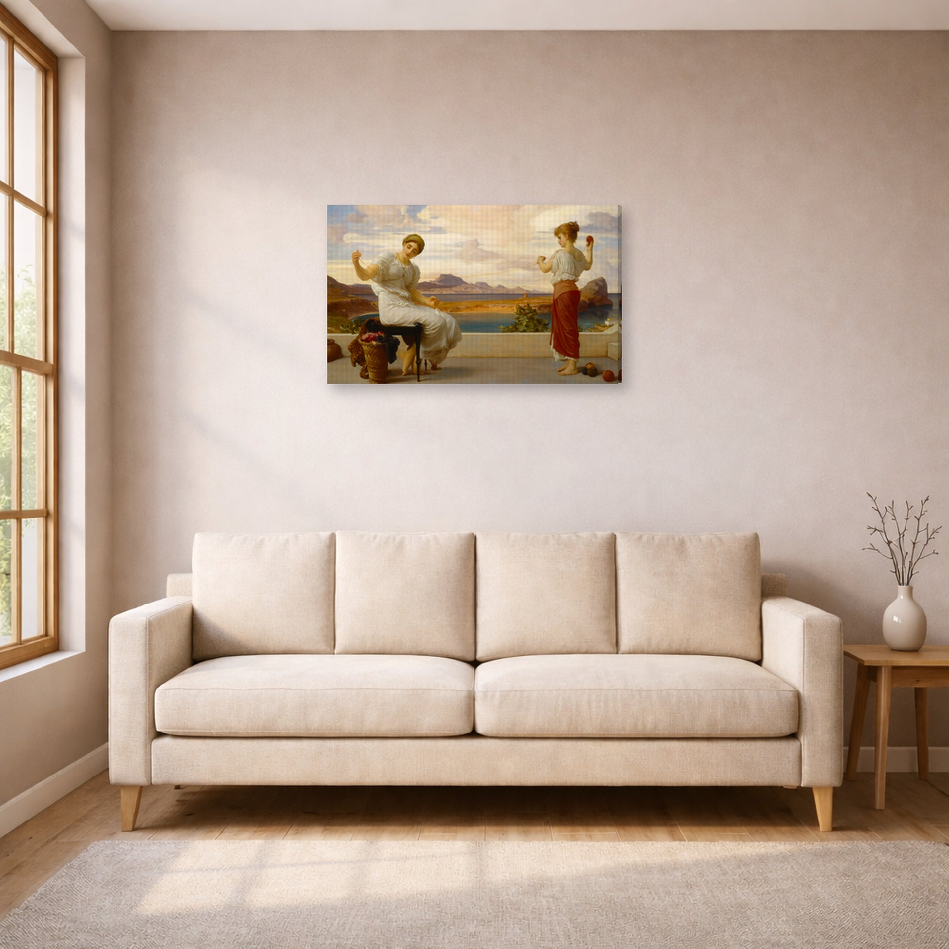 Gallery-wrapped canvas print of Lord Frederick Leighton's Winding the Skein displayed on a wall in a living room