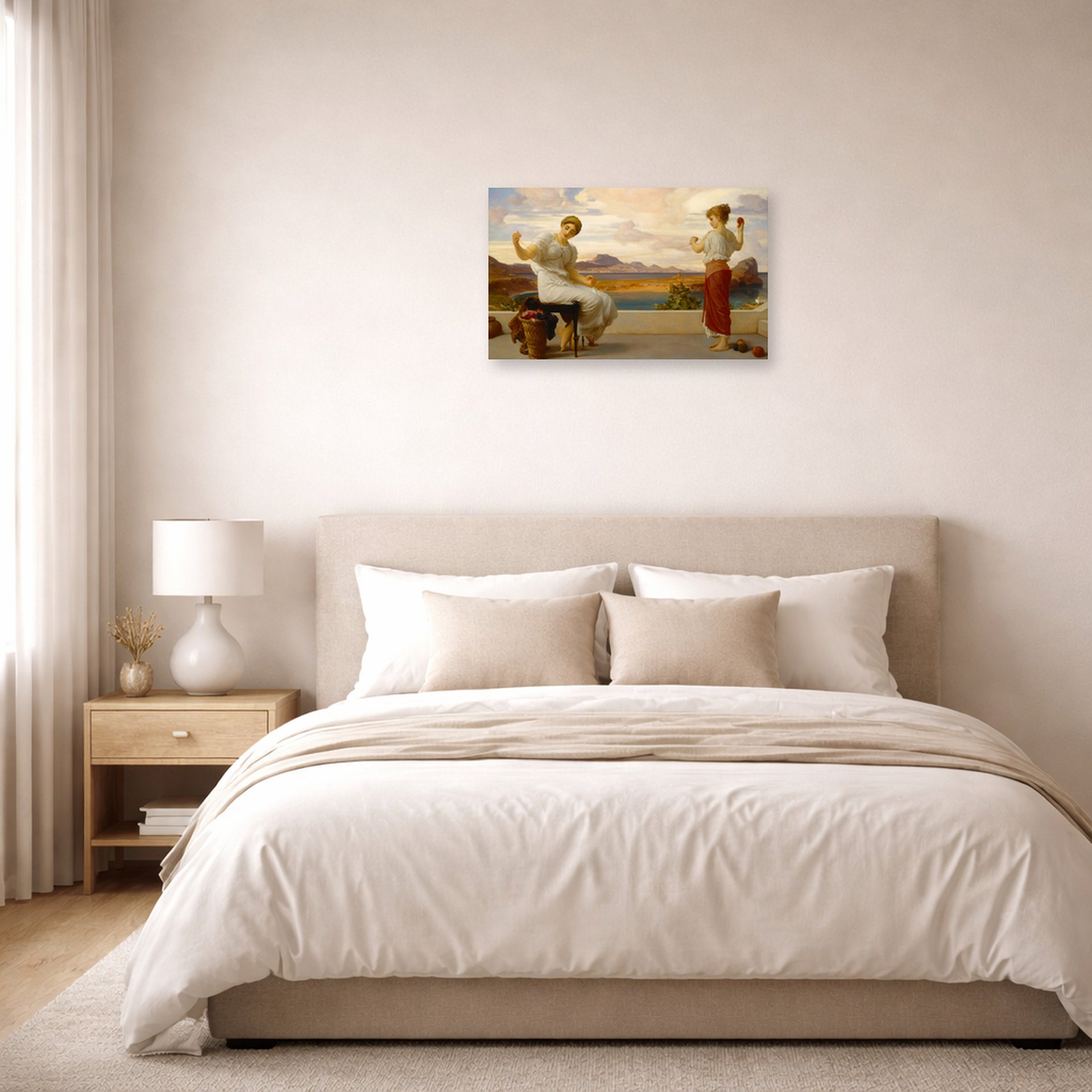 Unframed poster print of Lord Frederick Leighton's Winding the Skein displayed on a wall in a bedroom