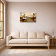 Unframed poster print of Lord Frederick Leighton's Winding the Skein displayed on a wall in a living room