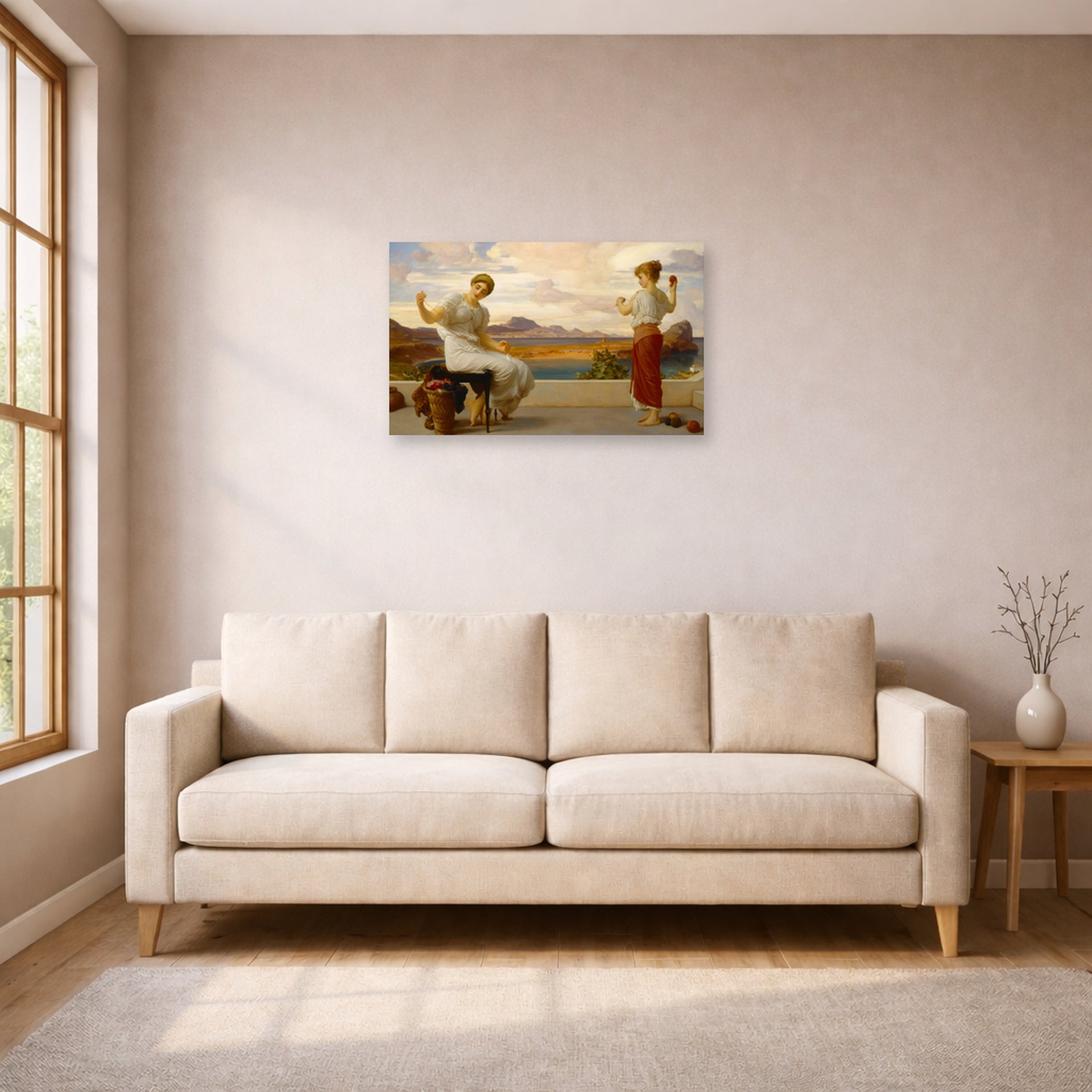 Unframed poster print of Lord Frederick Leighton's Winding the Skein displayed on a wall in a living room