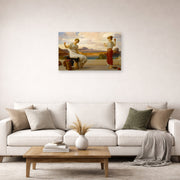 Unframed poster print of Lord Frederick Leighton's Winding the Skein displayed on a wall in a living room