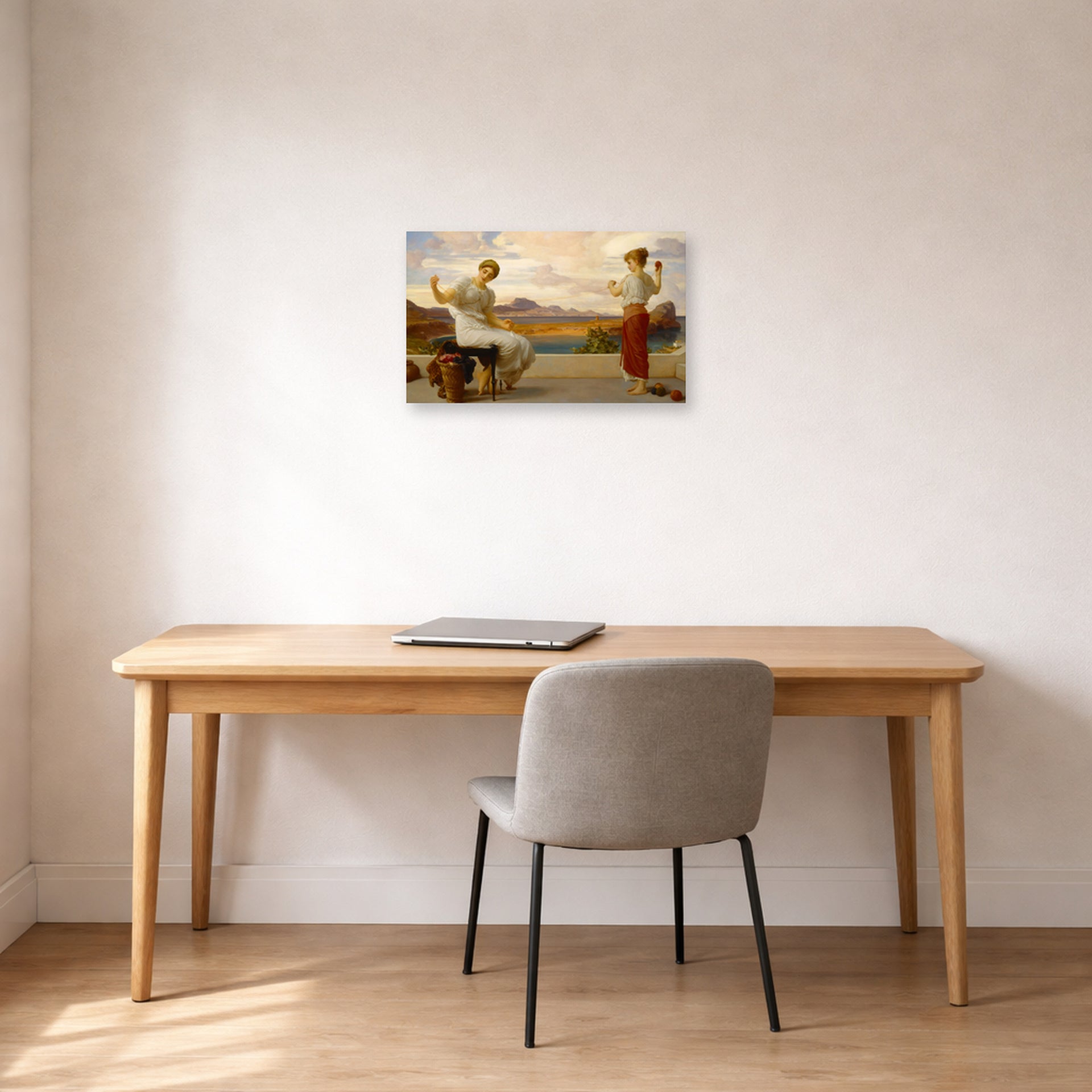 Unframed poster print of Lord Frederick Leighton's Winding the Skein displayed on a wall in a office