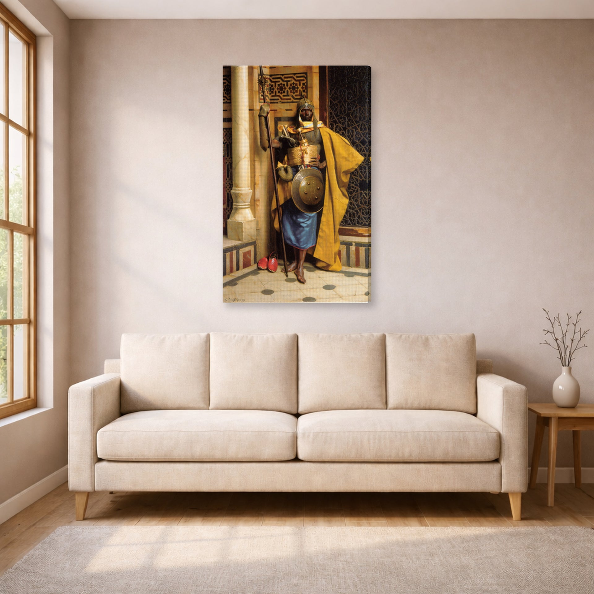 Gallery-wrapped canvas print of Ludwig Deutsch's A Palace Guard displayed on a wall in a living room
