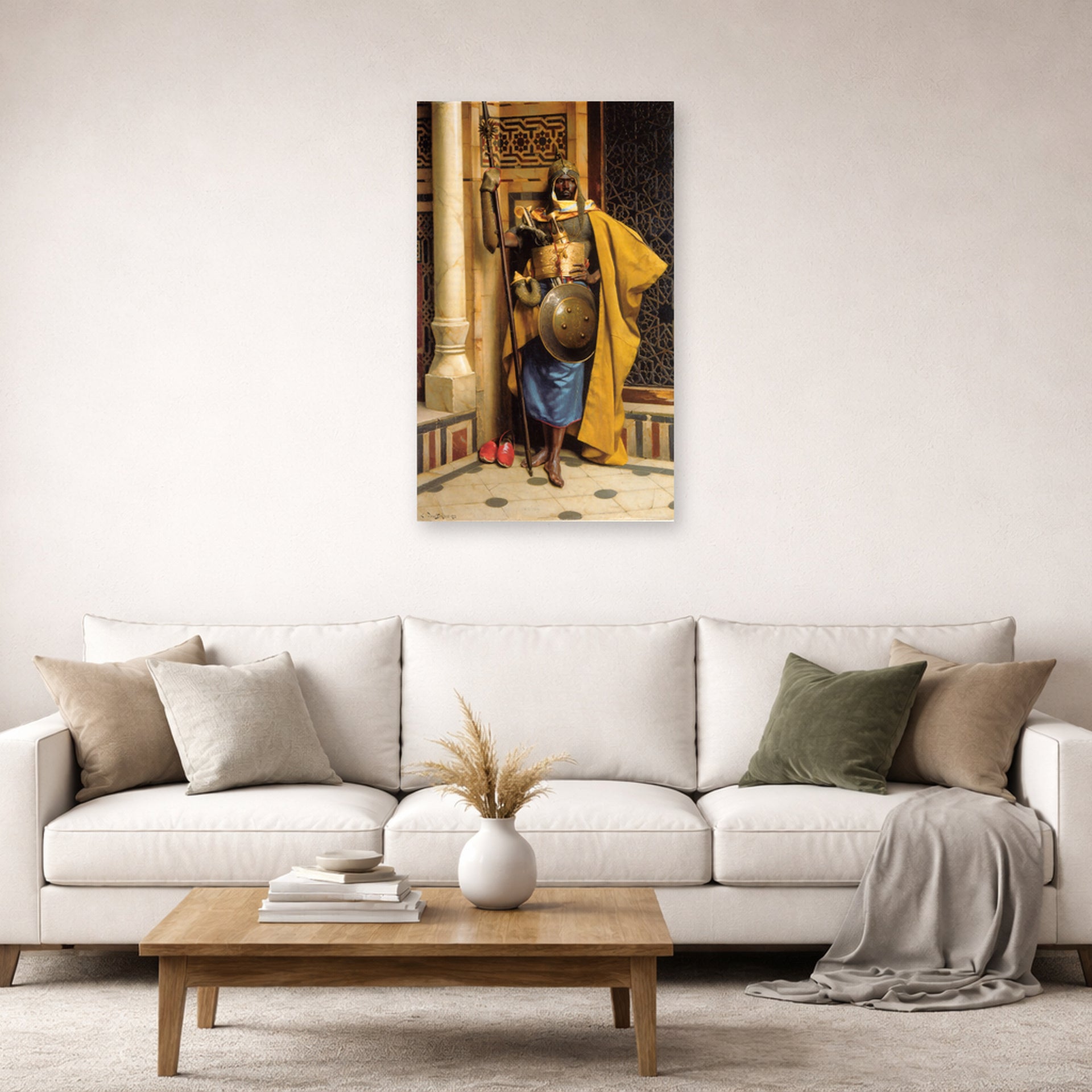 Unframed poster print of Ludwig Deutsch's A Palace Guard displayed on a wall in a living room