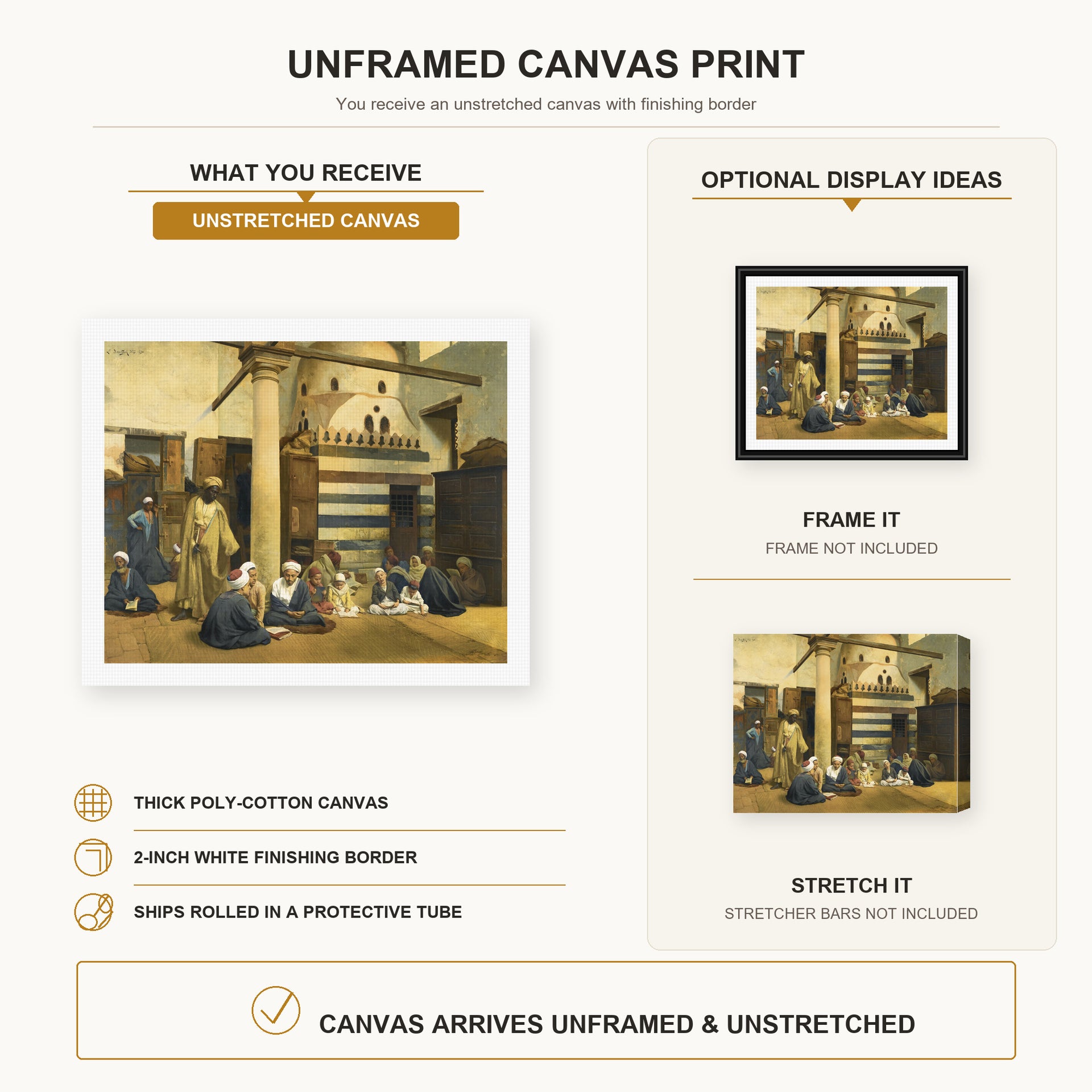 Ludwig Deutsch - In the Madrasa canvas print size comparison and framing display infographic