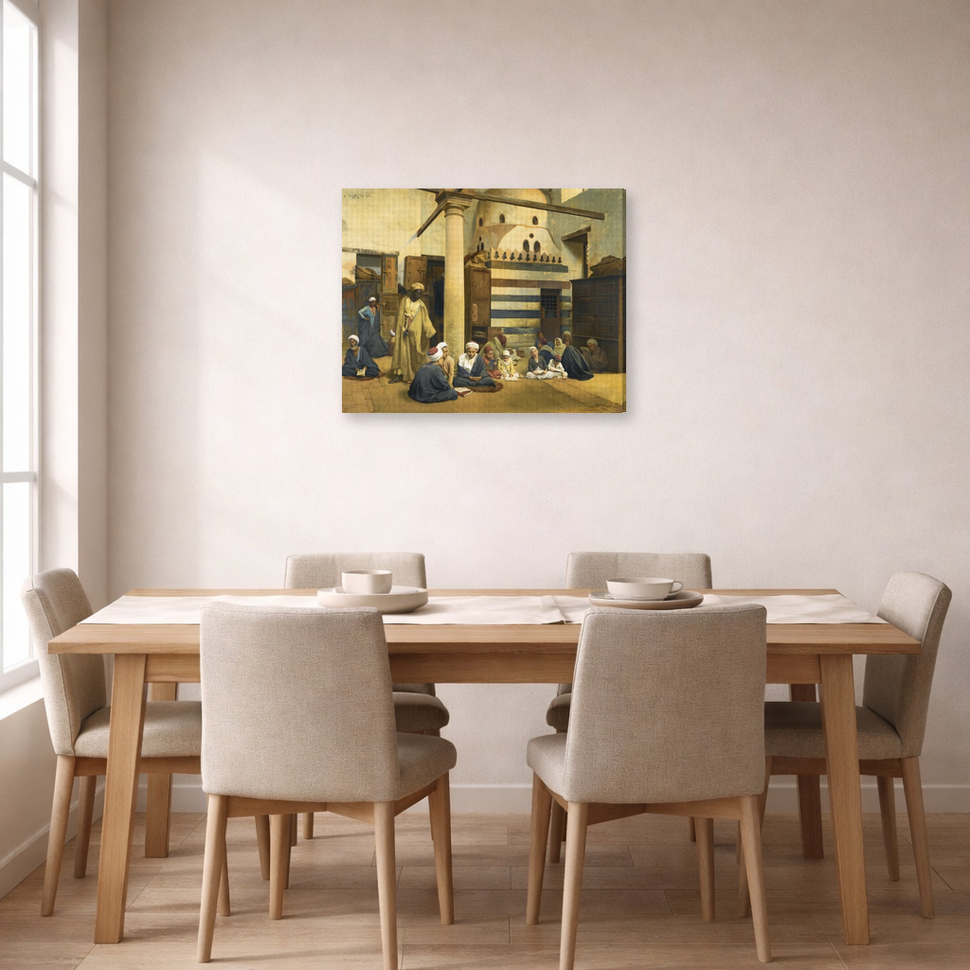 Gallery-wrapped canvas print of Ludwig Deutsch's In the Madrasa displayed on a wall in a dining