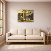 Gallery-wrapped canvas print of Ludwig Deutsch's In the Madrasa displayed on a wall in a living room