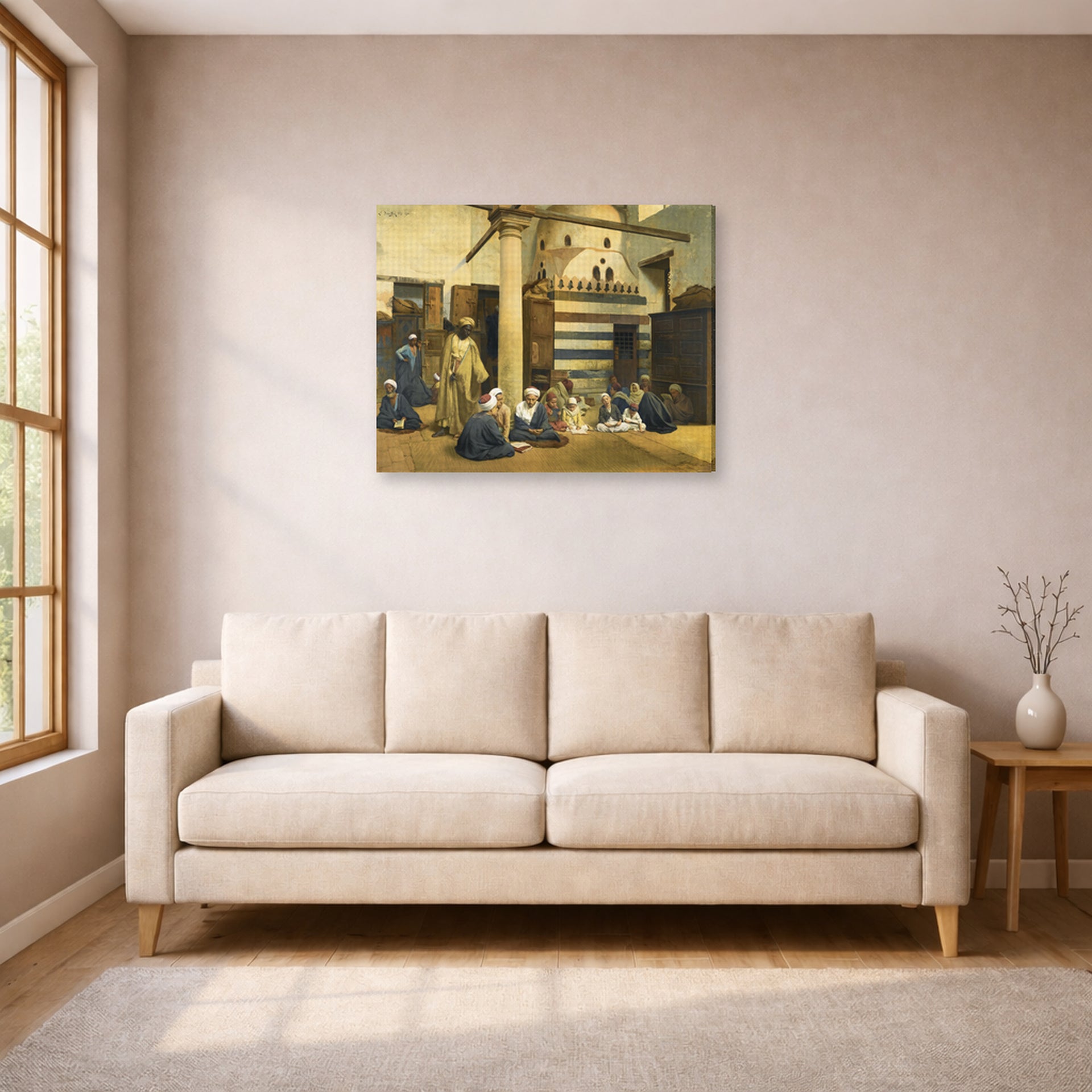 Gallery-wrapped canvas print of Ludwig Deutsch's In the Madrasa displayed on a wall in a living room