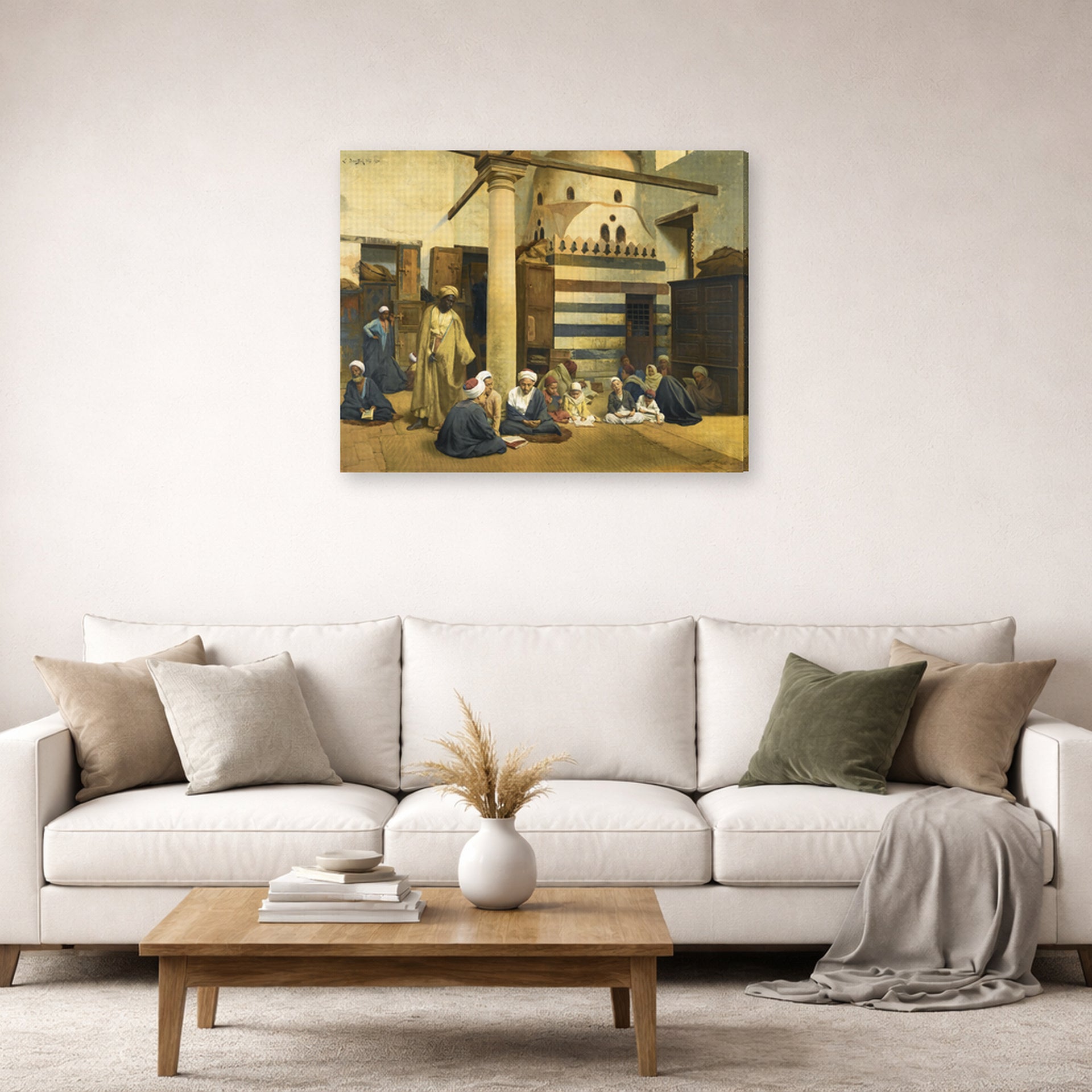 Gallery-wrapped canvas print of Ludwig Deutsch's In the Madrasa displayed on a wall in a living room