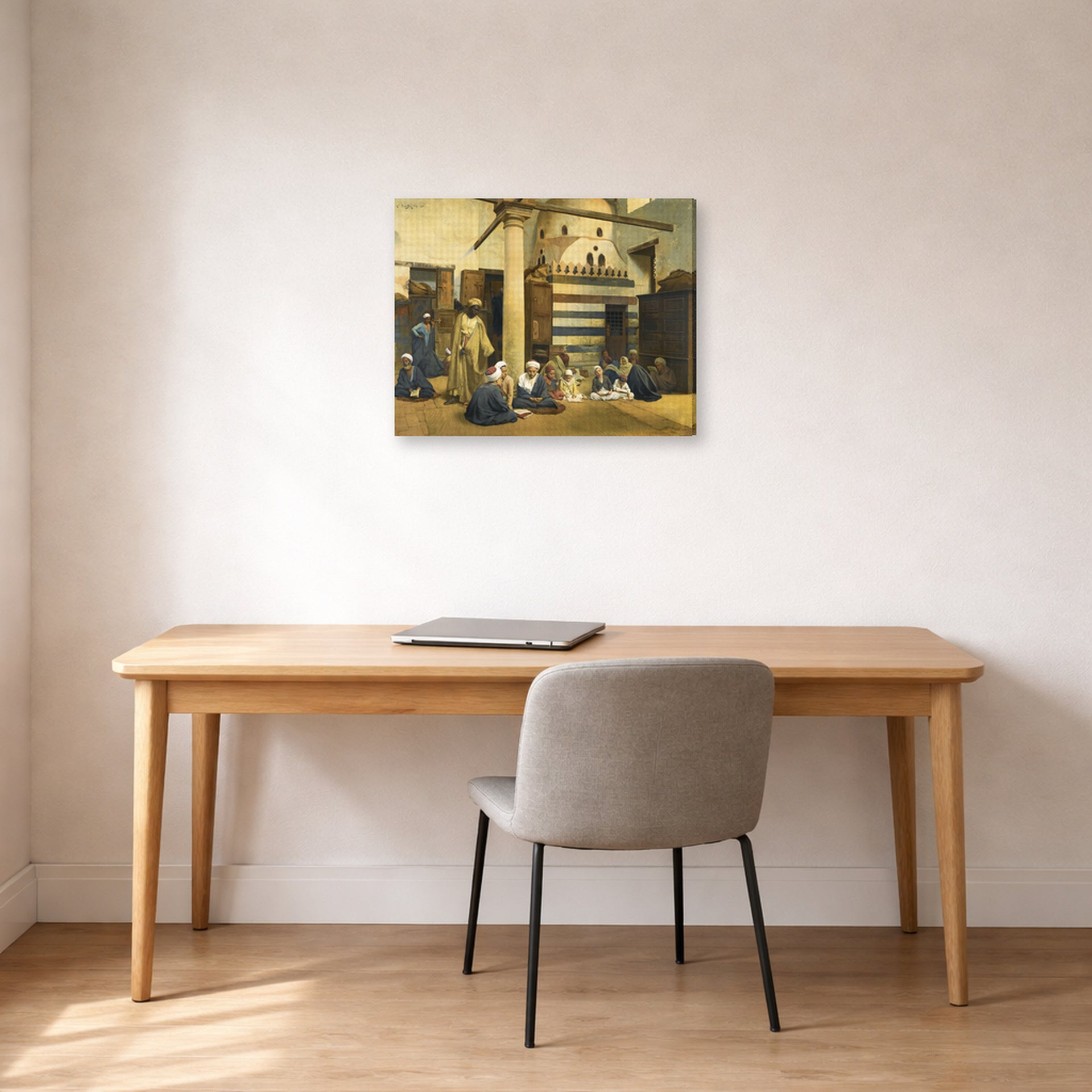 Gallery-wrapped canvas print of Ludwig Deutsch's In the Madrasa displayed on a wall in a office