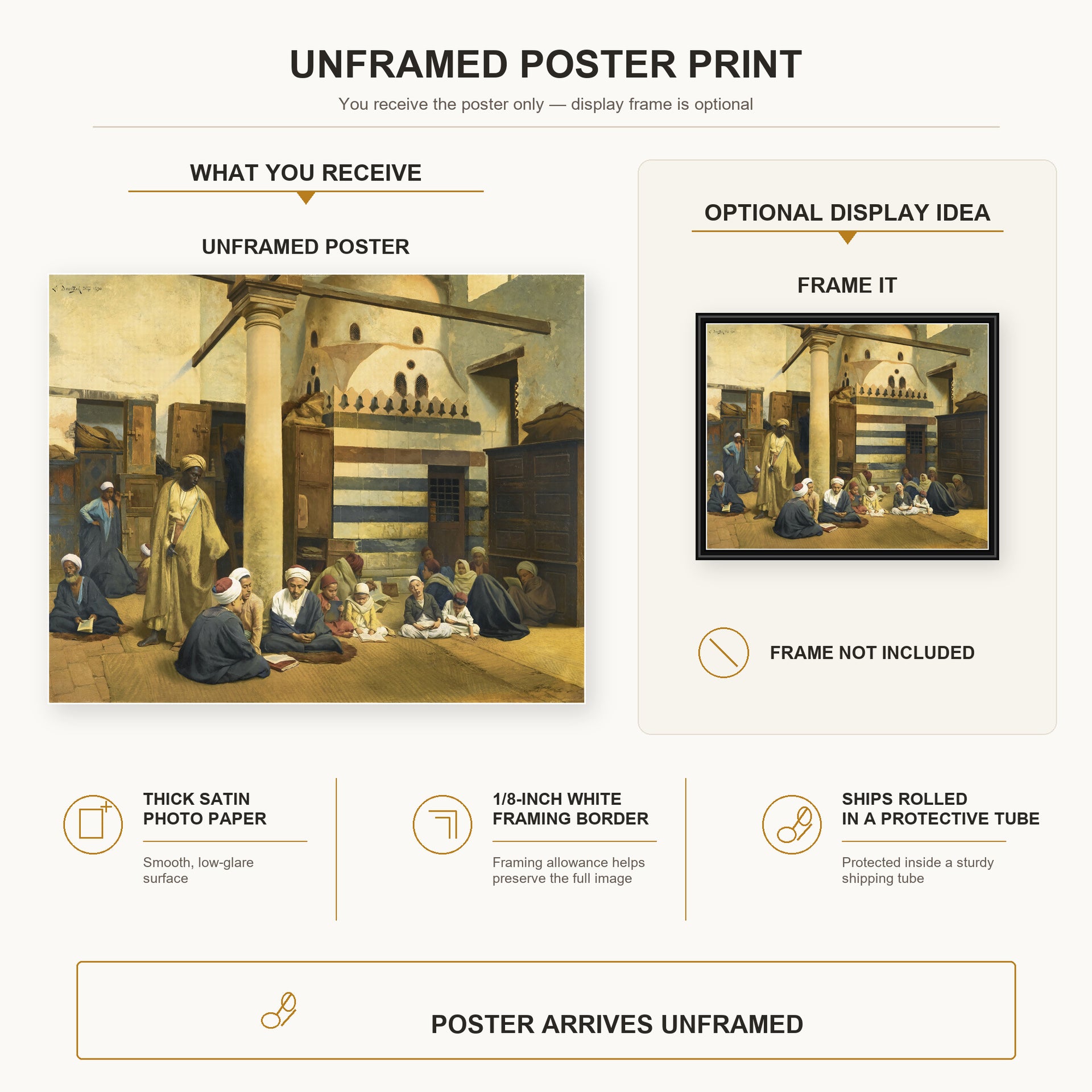 Ludwig Deutsch - In the Madrasa poster print size comparison and framing display infographic