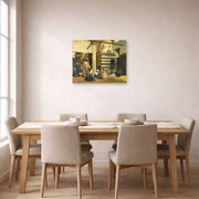 Unframed poster print of Ludwig Deutsch's In the Madrasa displayed on a wall in a dining