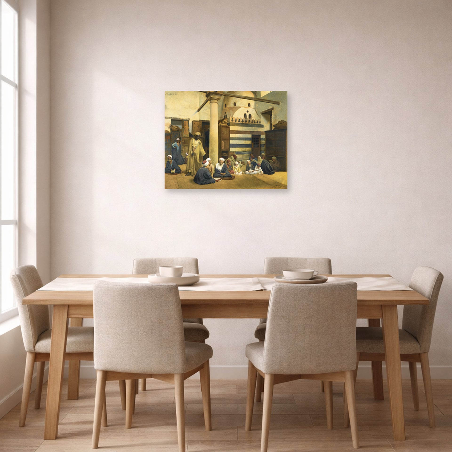 Unframed poster print of Ludwig Deutsch's In the Madrasa displayed on a wall in a dining