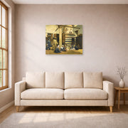 Unframed poster print of Ludwig Deutsch's In the Madrasa displayed on a wall in a living room