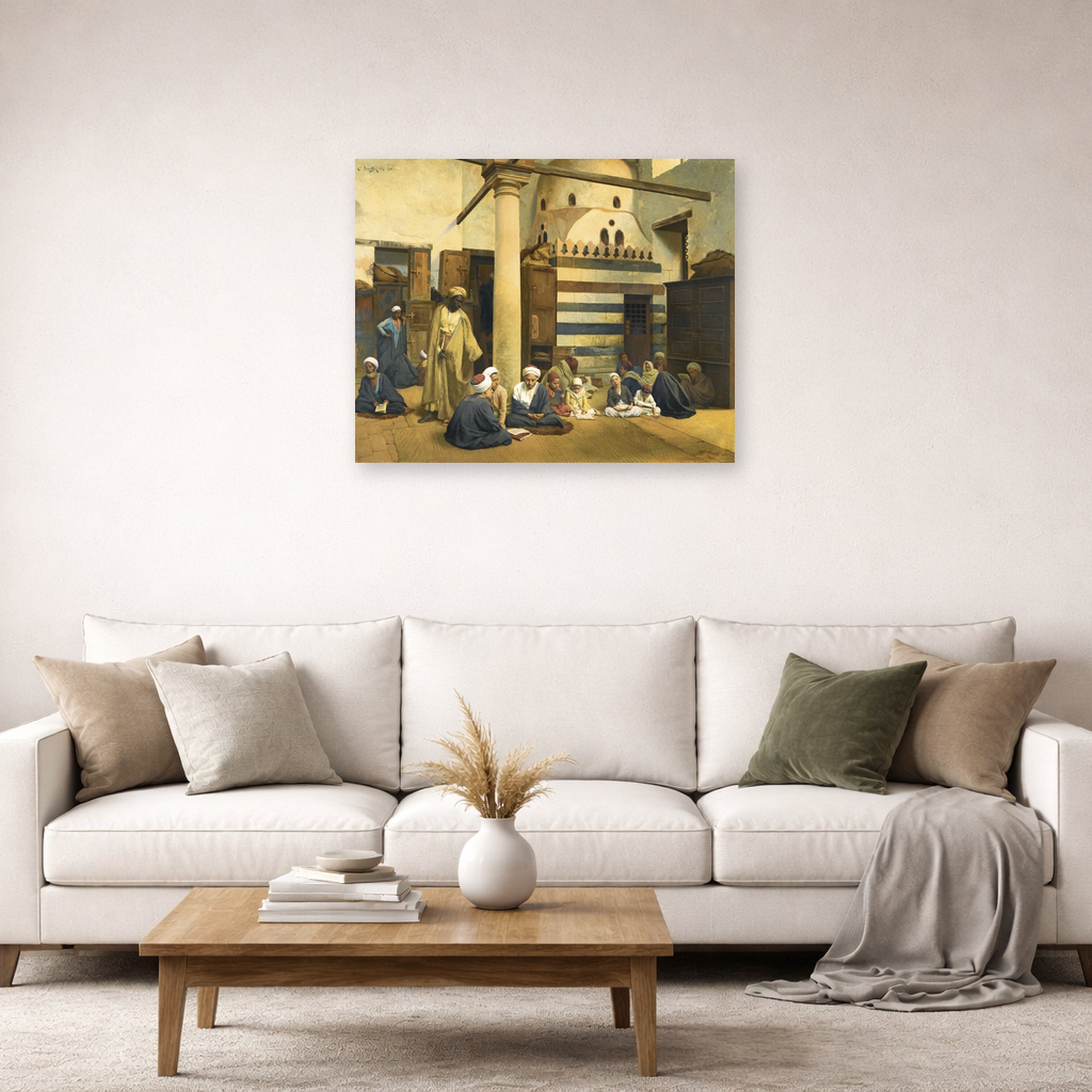 Unframed poster print of Ludwig Deutsch's In the Madrasa displayed on a wall in a living room