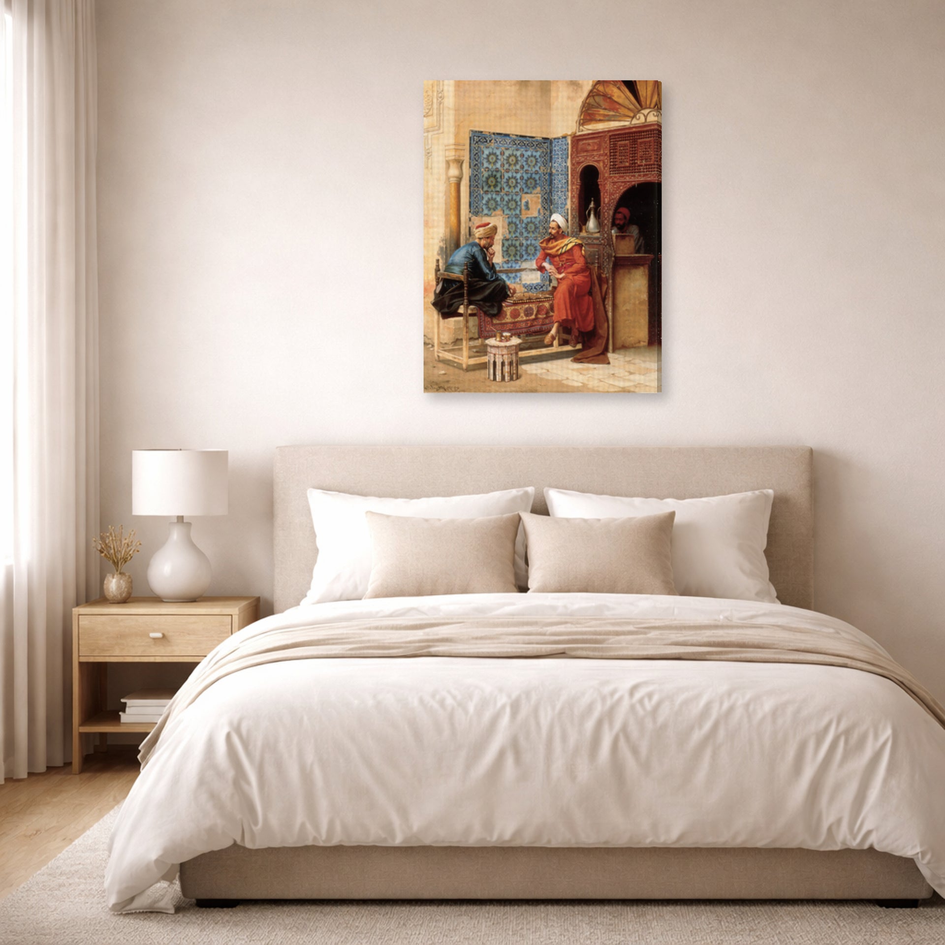 Gallery-wrapped canvas print of Ludwig Deutsch's The Chess Game displayed on a wall in a bedroom