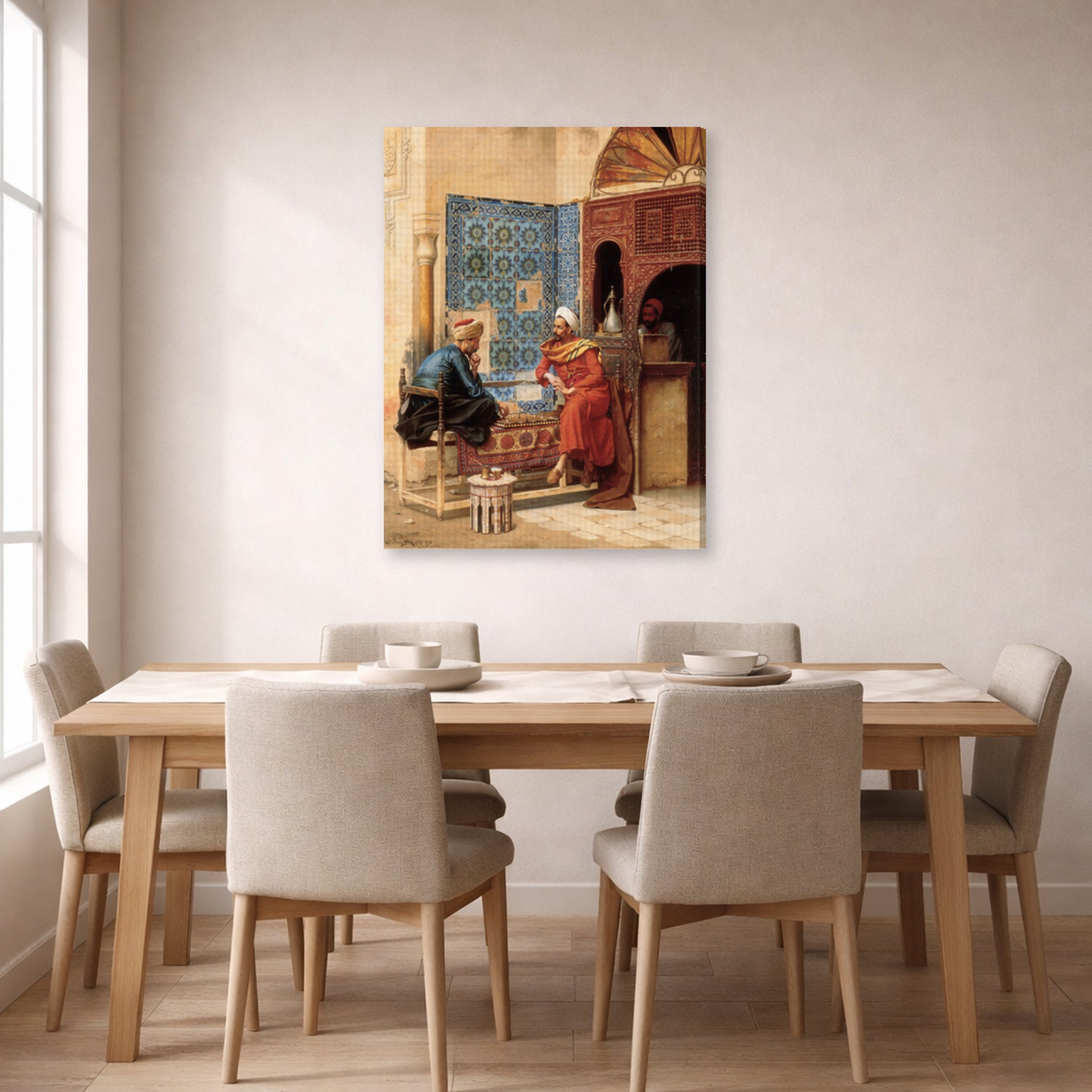 Gallery-wrapped canvas print of Ludwig Deutsch's The Chess Game displayed on a wall in a dining