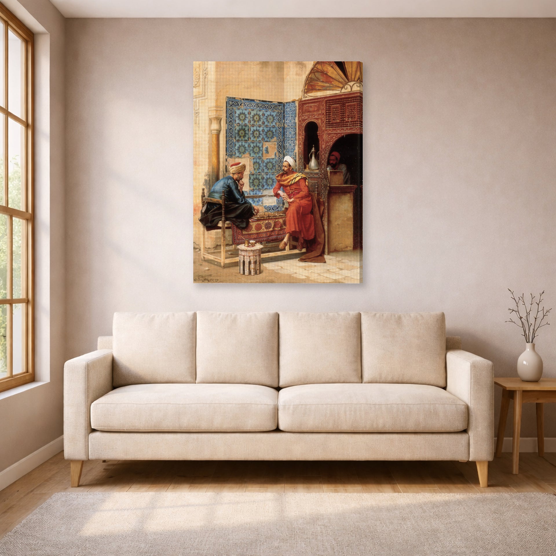 Gallery-wrapped canvas print of Ludwig Deutsch's The Chess Game displayed on a wall in a living room
