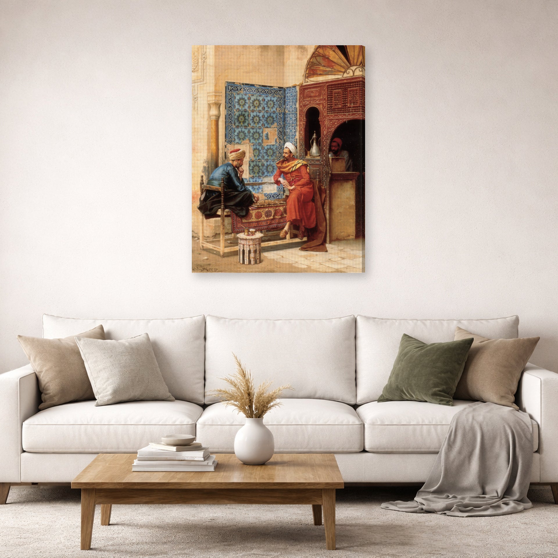 Gallery-wrapped canvas print of Ludwig Deutsch's The Chess Game displayed on a wall in a living room