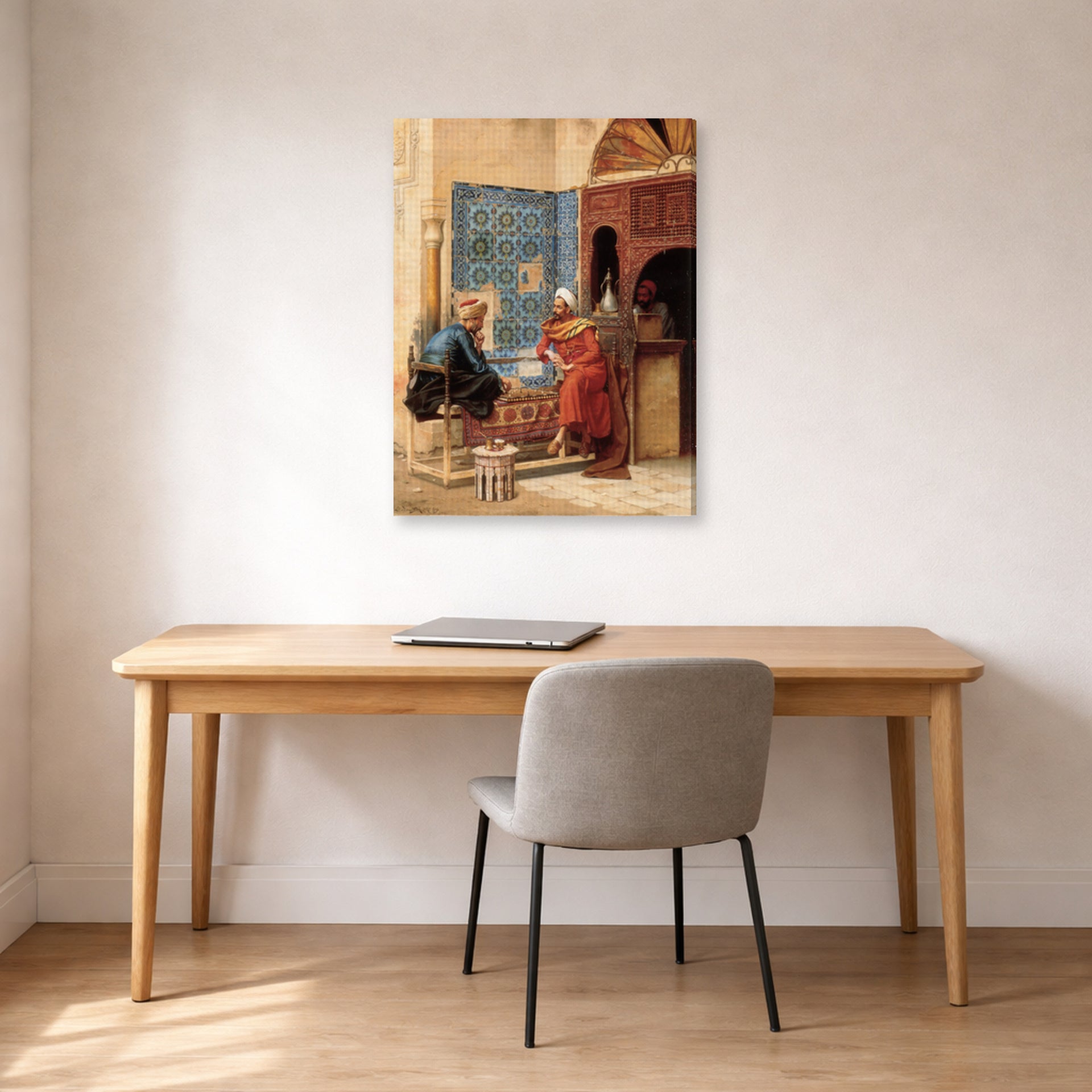 Gallery-wrapped canvas print of Ludwig Deutsch's The Chess Game displayed on a wall in a office