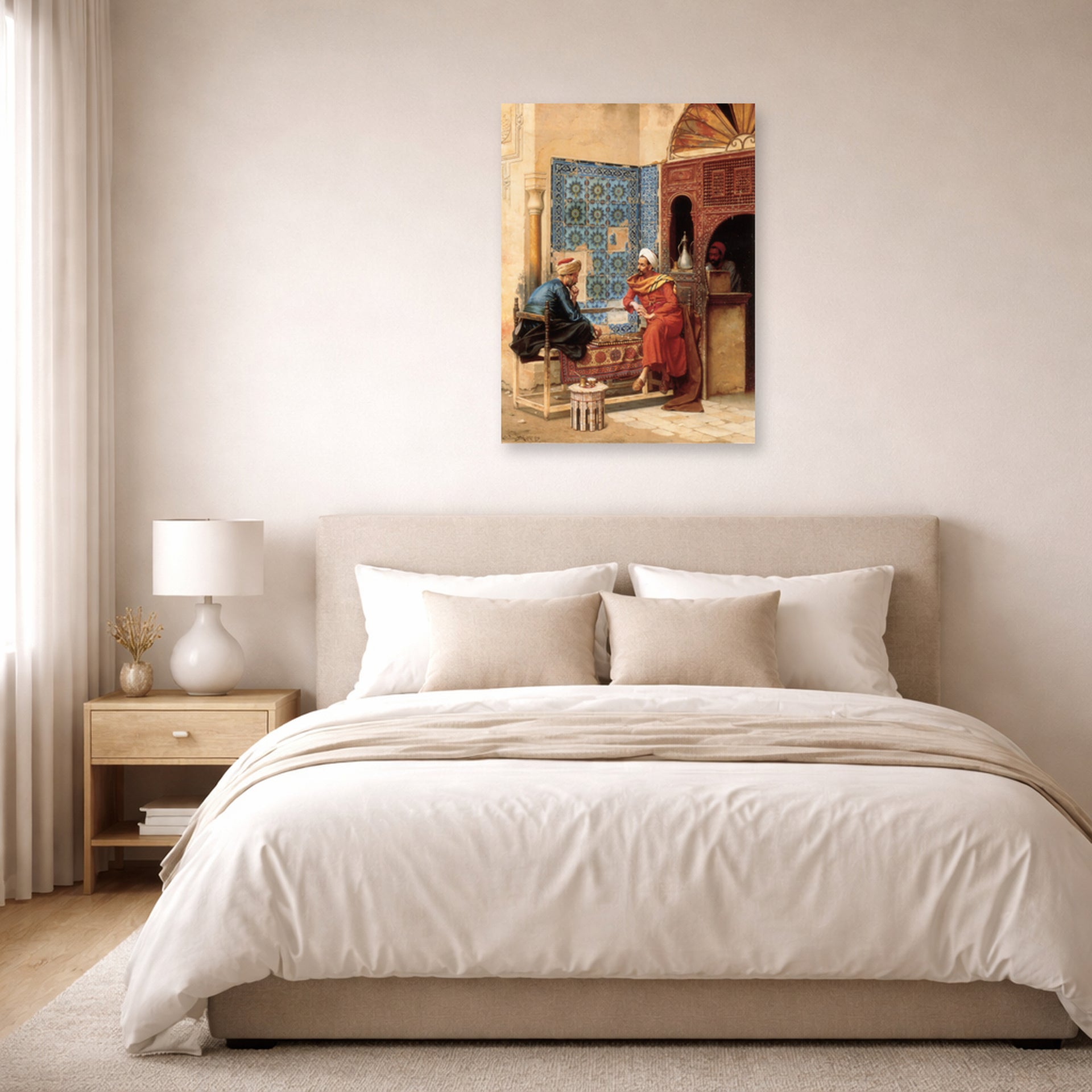 Unframed poster print of Ludwig Deutsch's The Chess Game displayed on a wall in a bedroom