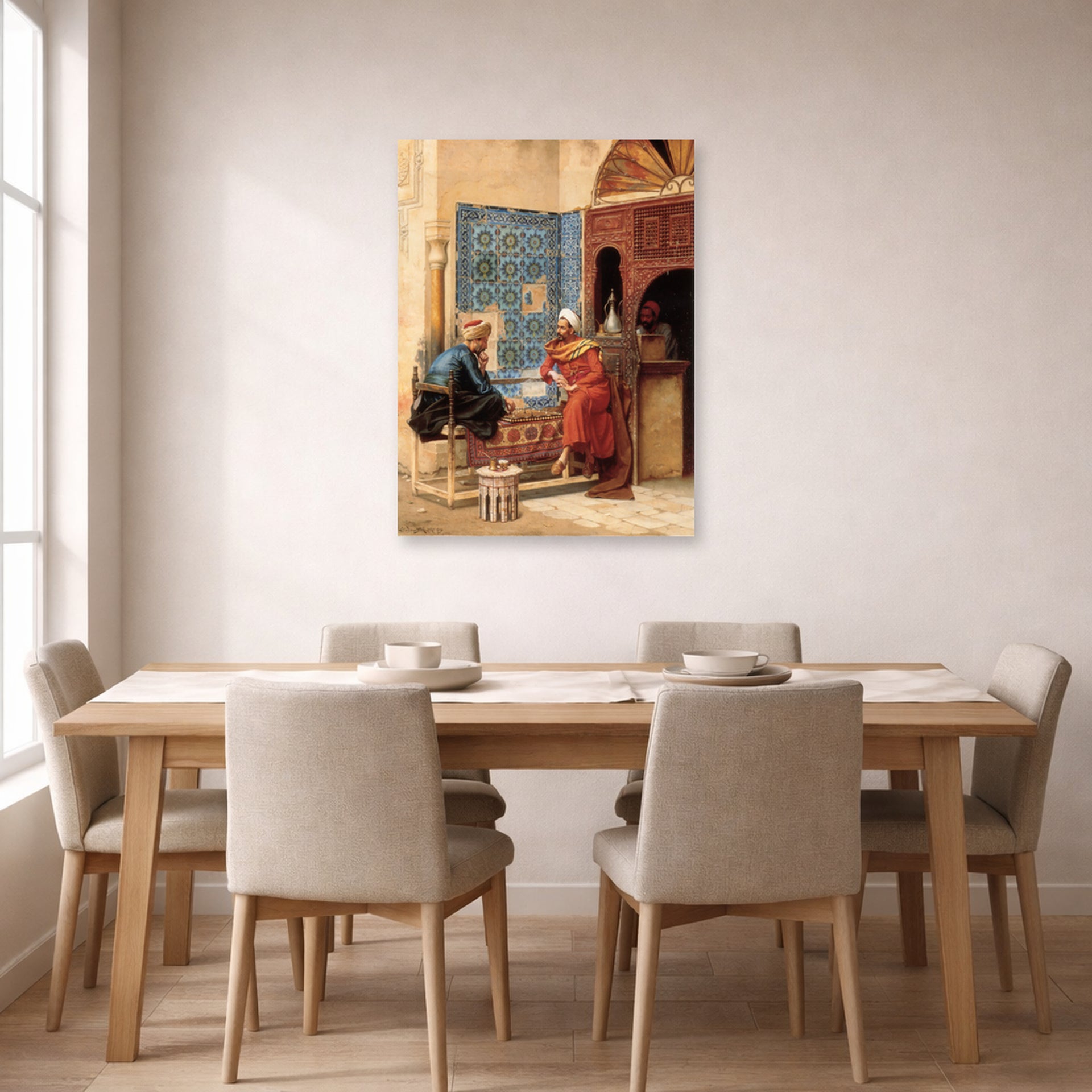 Unframed poster print of Ludwig Deutsch's The Chess Game displayed on a wall in a dining