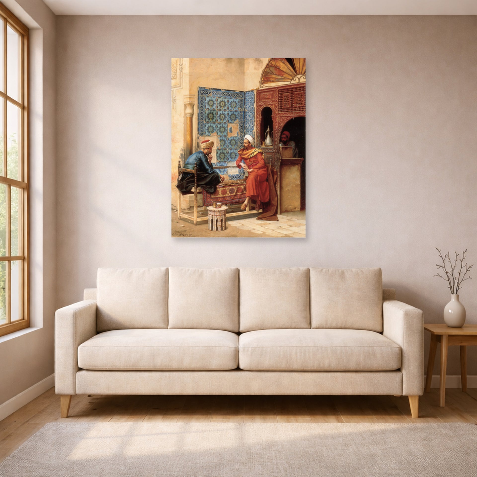 Unframed poster print of Ludwig Deutsch's The Chess Game displayed on a wall in a living room