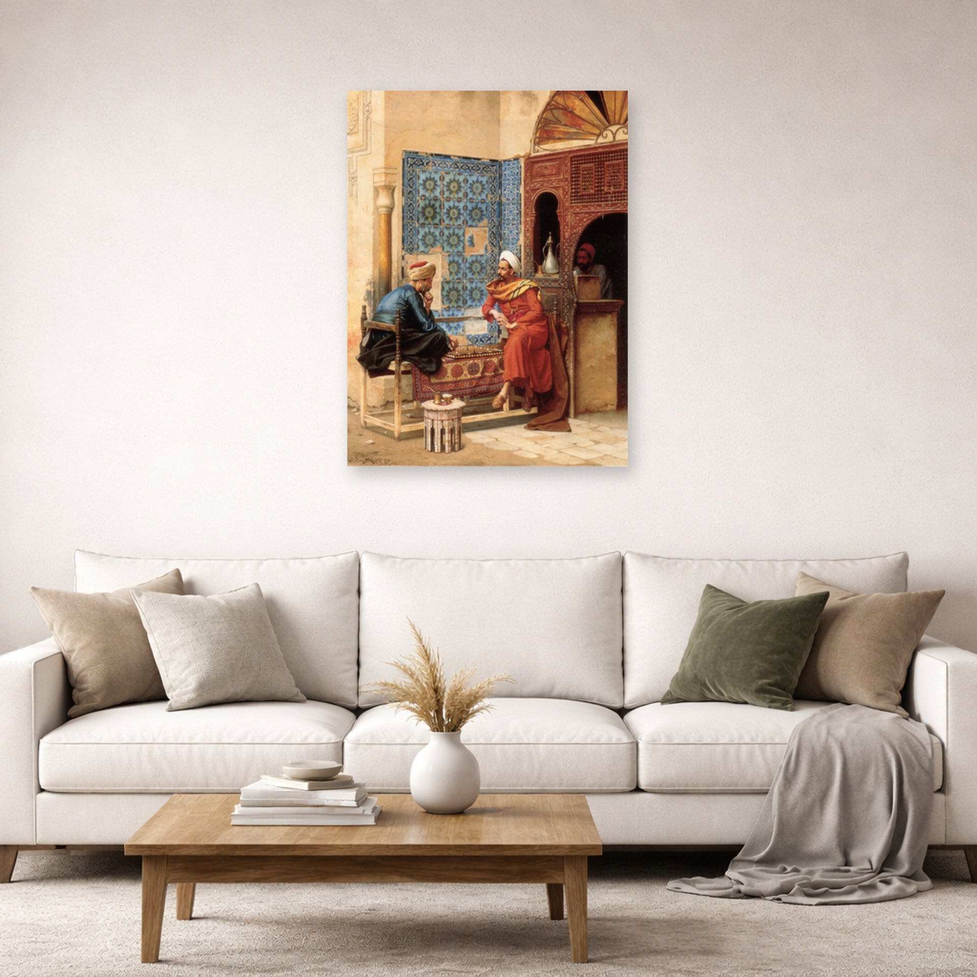 Unframed poster print of Ludwig Deutsch's The Chess Game displayed on a wall in a living room