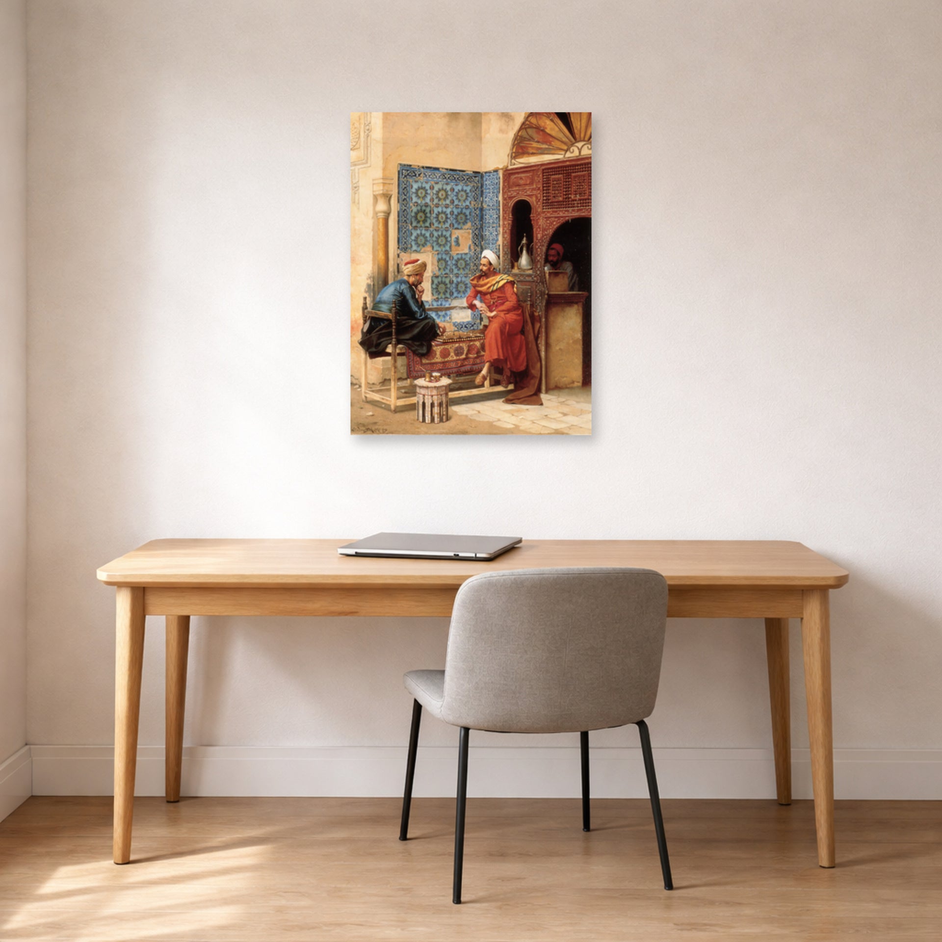 Unframed poster print of Ludwig Deutsch's The Chess Game displayed on a wall in a office