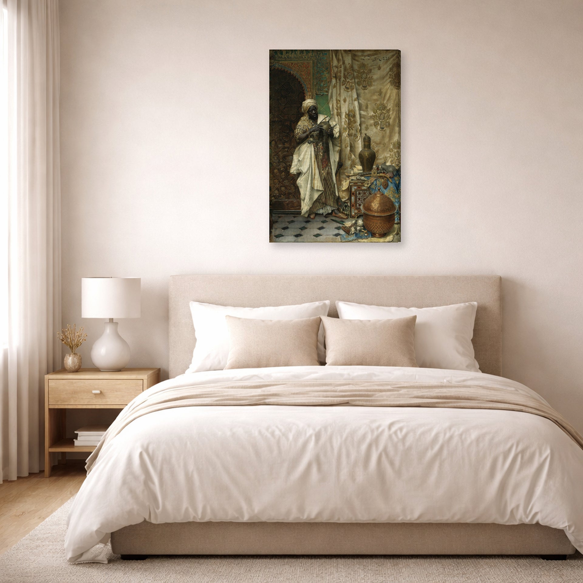 Gallery-wrapped canvas print of Ludwig Deutsch's The Inspection displayed on a wall in a bedroom