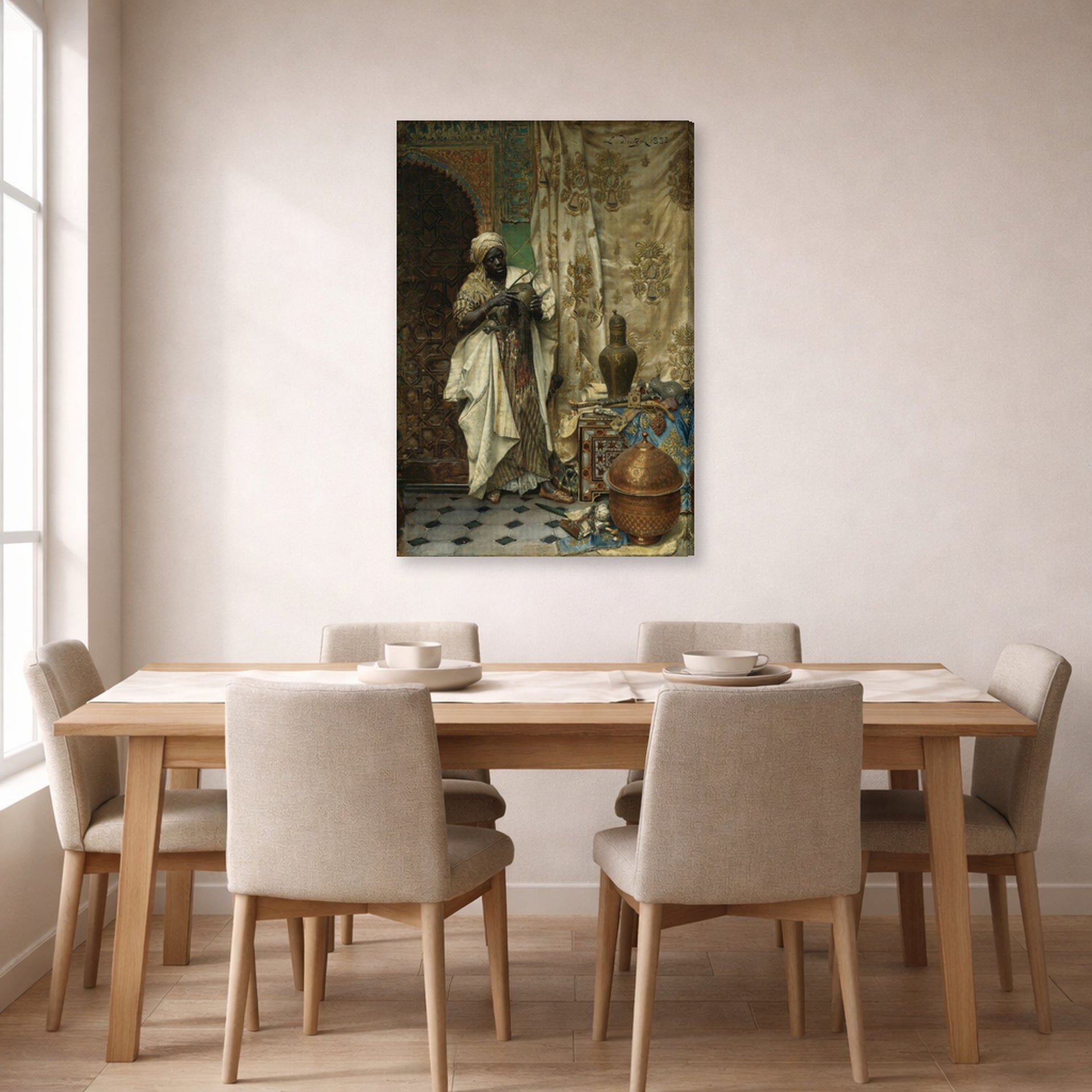 Gallery-wrapped canvas print of Ludwig Deutsch's The Inspection displayed on a wall in a dining