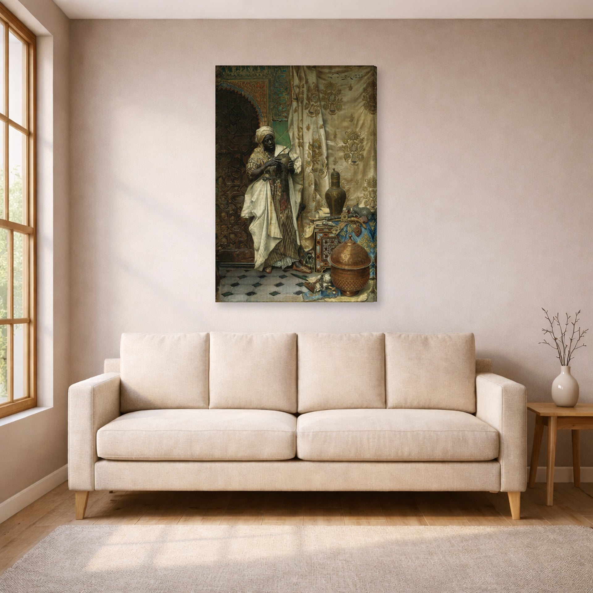 Gallery-wrapped canvas print of Ludwig Deutsch's The Inspection displayed on a wall in a living room