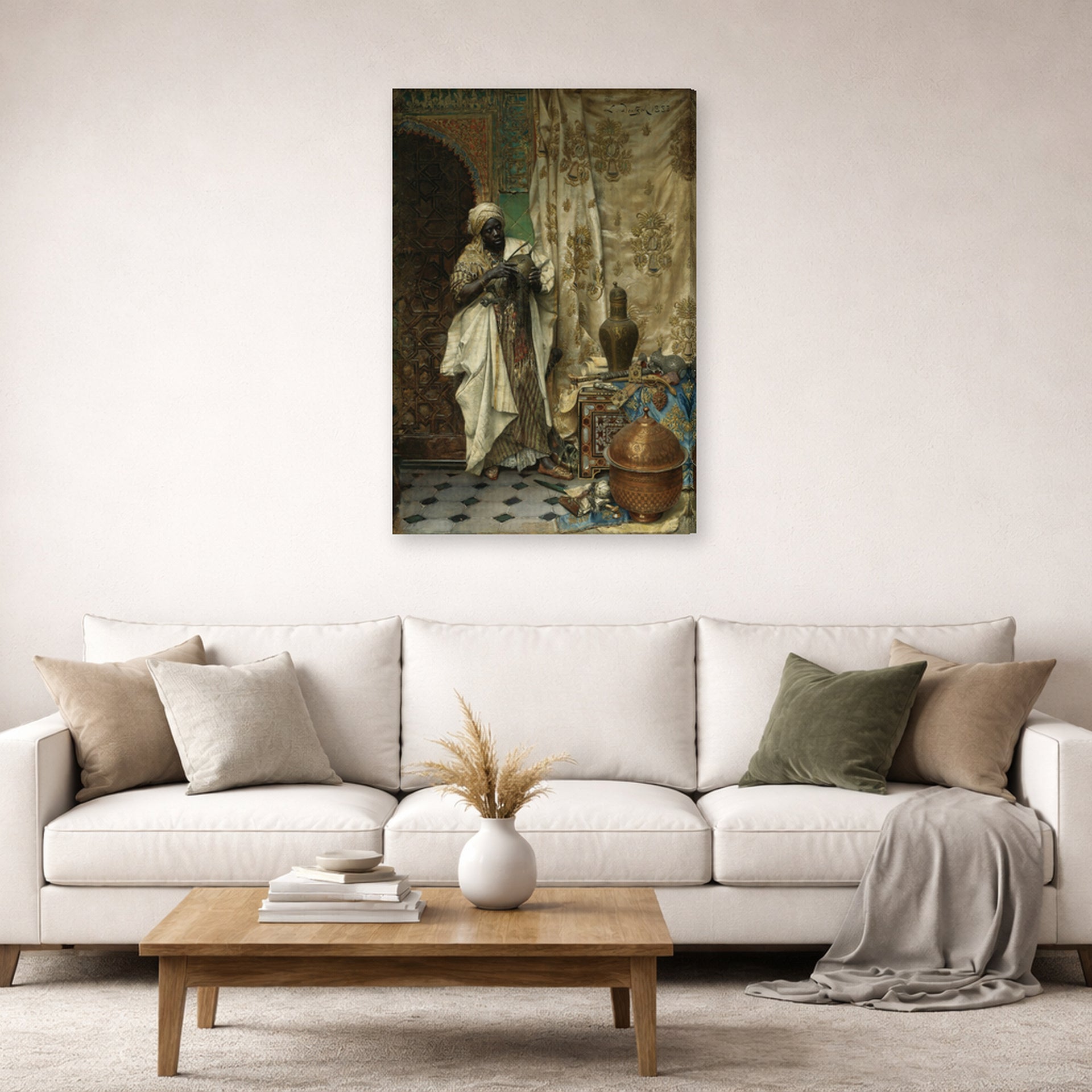 Gallery-wrapped canvas print of Ludwig Deutsch's The Inspection displayed on a wall in a living room