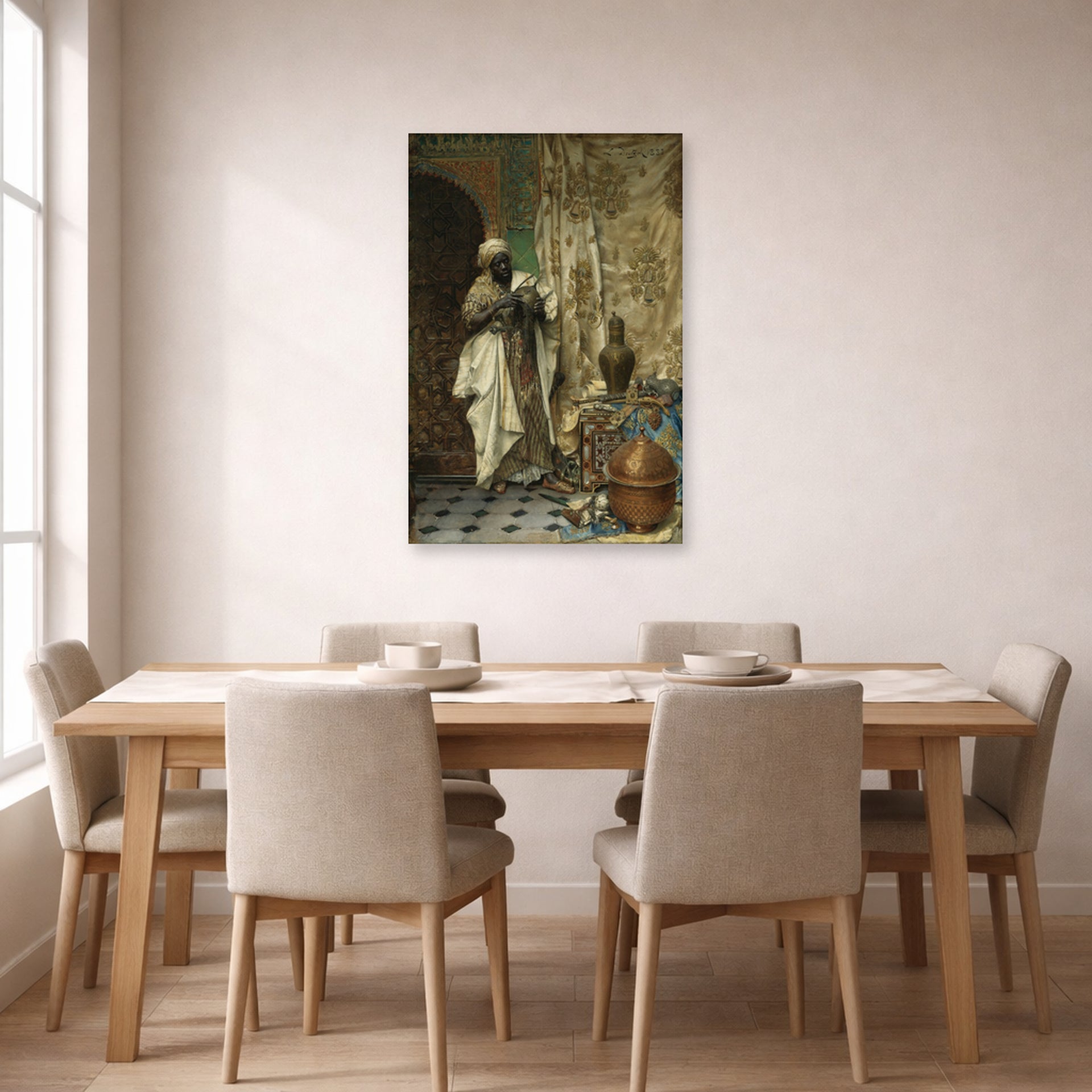 Unframed poster print of Ludwig Deutsch's The Inspection displayed on a wall in a dining