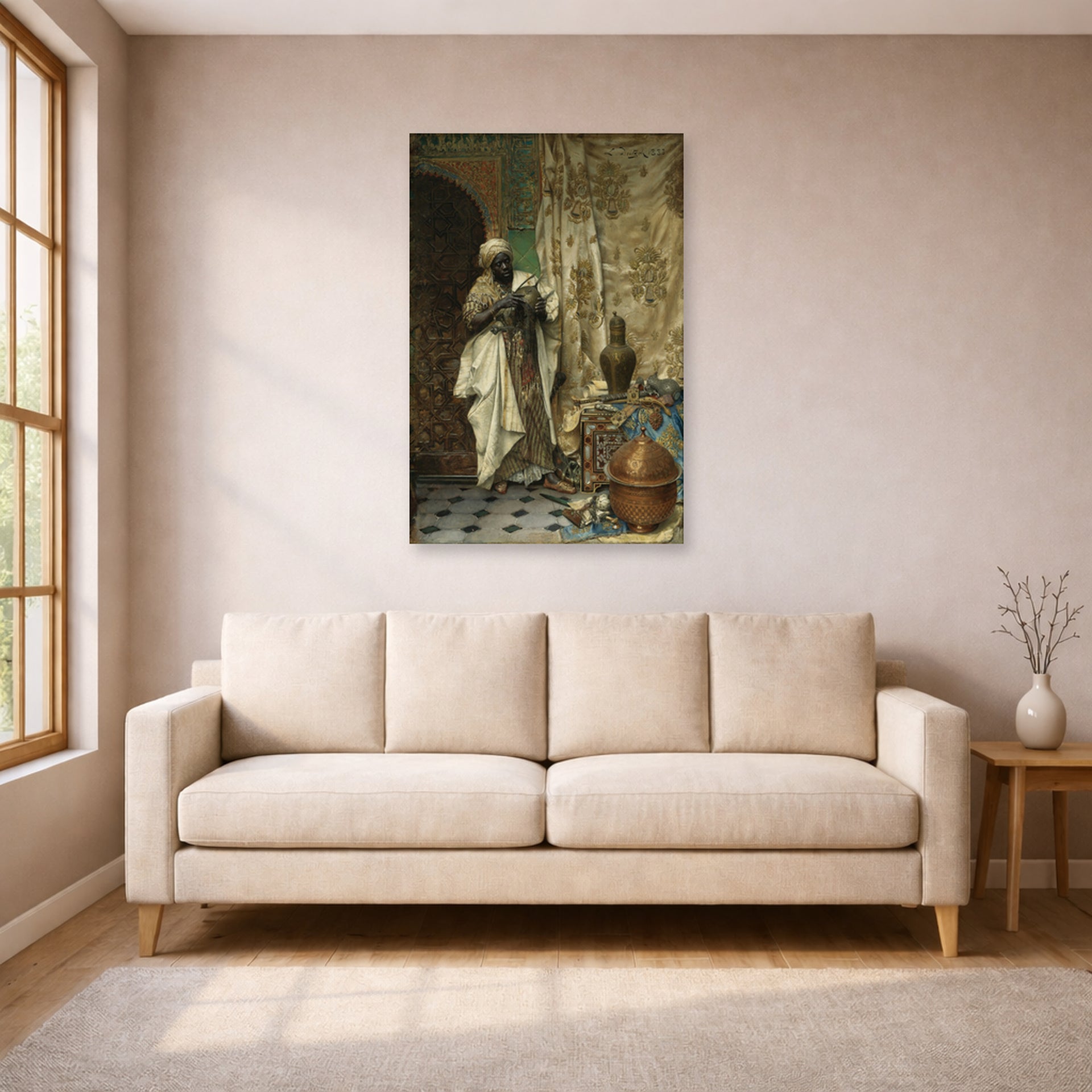 Unframed poster print of Ludwig Deutsch's The Inspection displayed on a wall in a living room