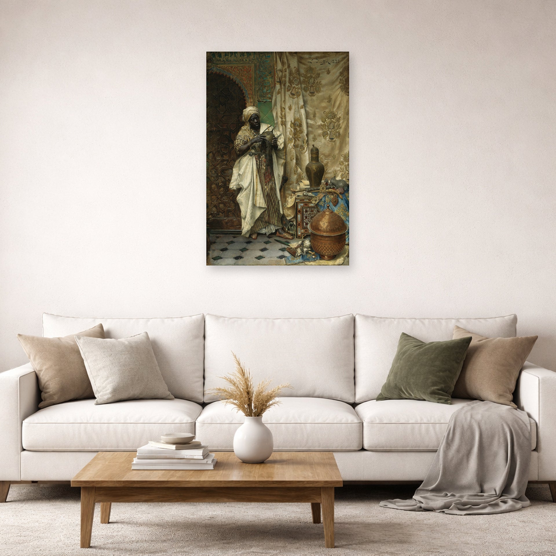Unframed poster print of Ludwig Deutsch's The Inspection displayed on a wall in a living room