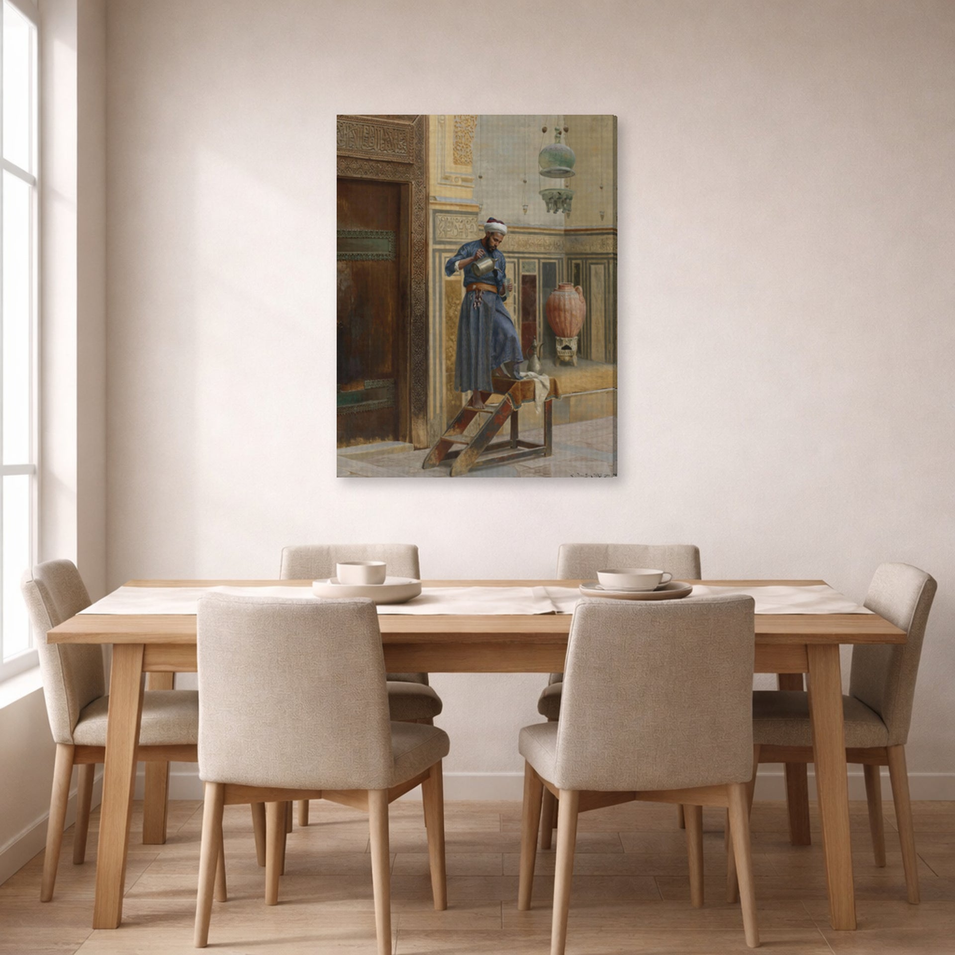 Gallery-wrapped canvas print of Ludwig Deutsch's The Lamp Lighter displayed on a wall in a dining