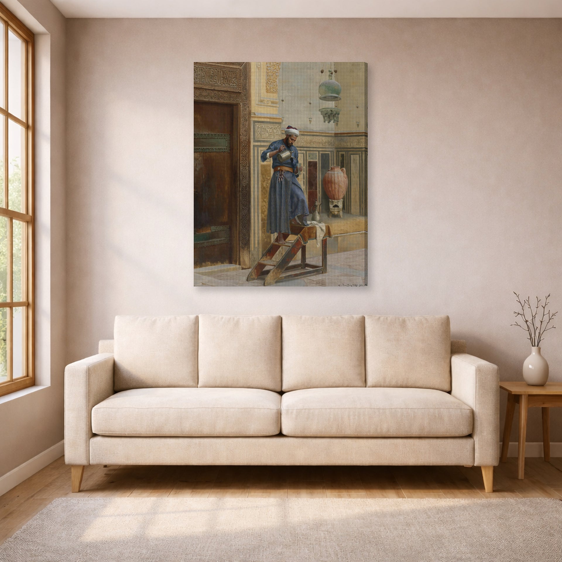 Gallery-wrapped canvas print of Ludwig Deutsch's The Lamp Lighter displayed on a wall in a living room